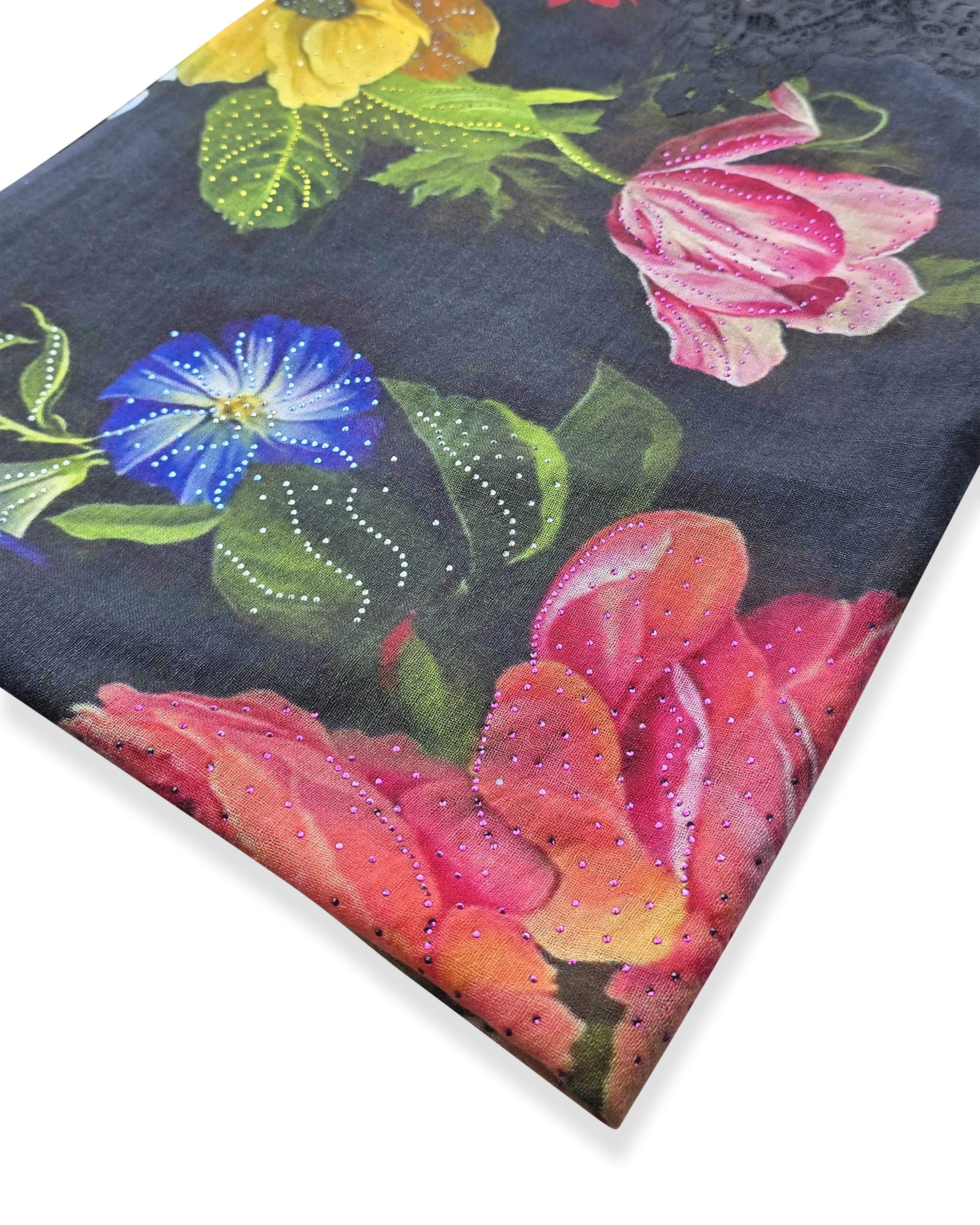 QUEENMARK | AN Printed Shawl 2024 Assorted Black Color Flower