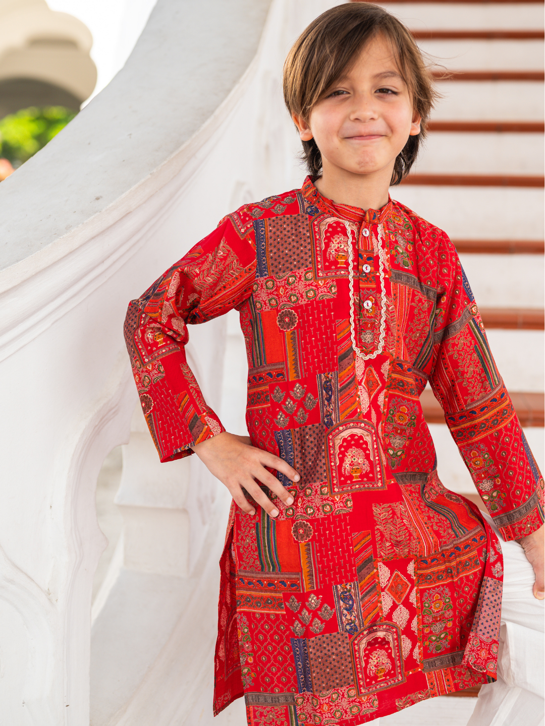 NIMBU | Amara Red Floral Boys Kurta Pajama in Muslin Cotton with Pockets