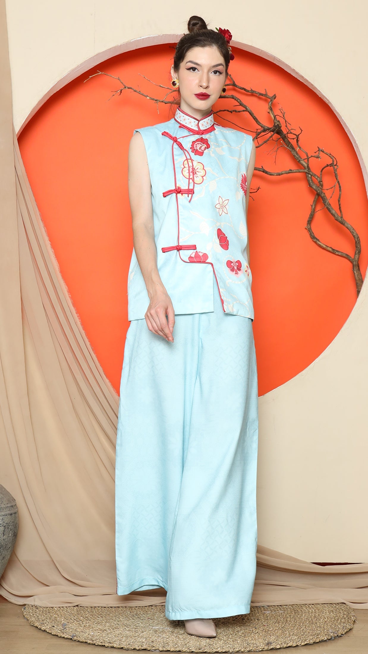 KANZI COLLECTION | Blue Cheongsam Floral Vest With Pant Set