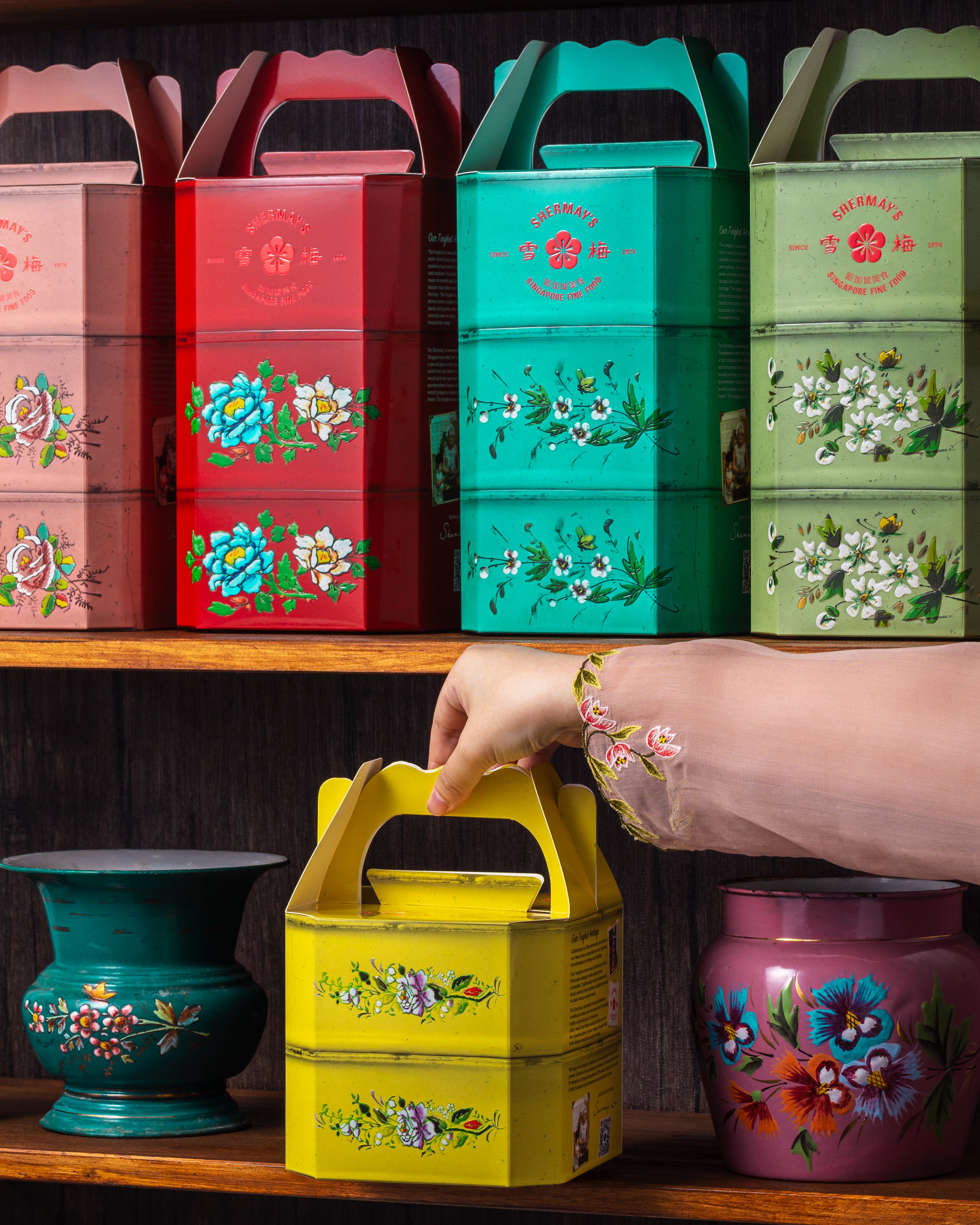 SHERMAY'S SINGAPORE FINE FOOD | Rose Pink Tingkat Gift Set - Keropok and Sauces