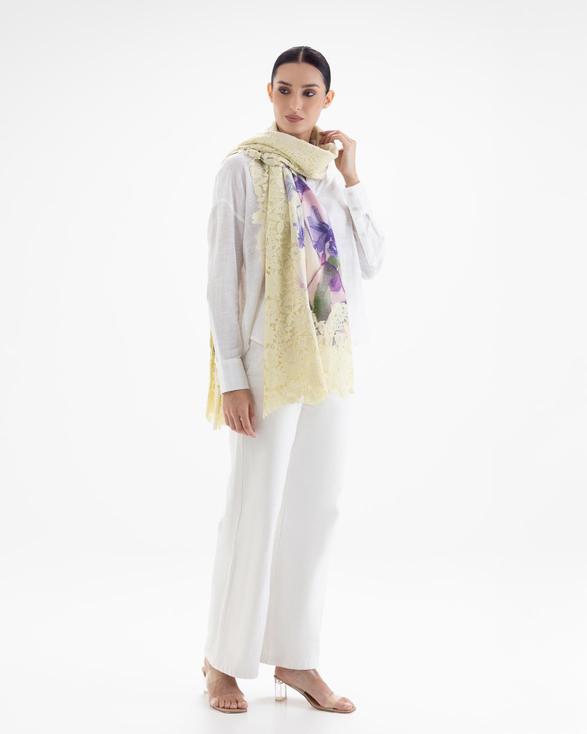 QUEENMARK | AN Assorted Lace Print Crystal Shawl Ivory Purple Flower