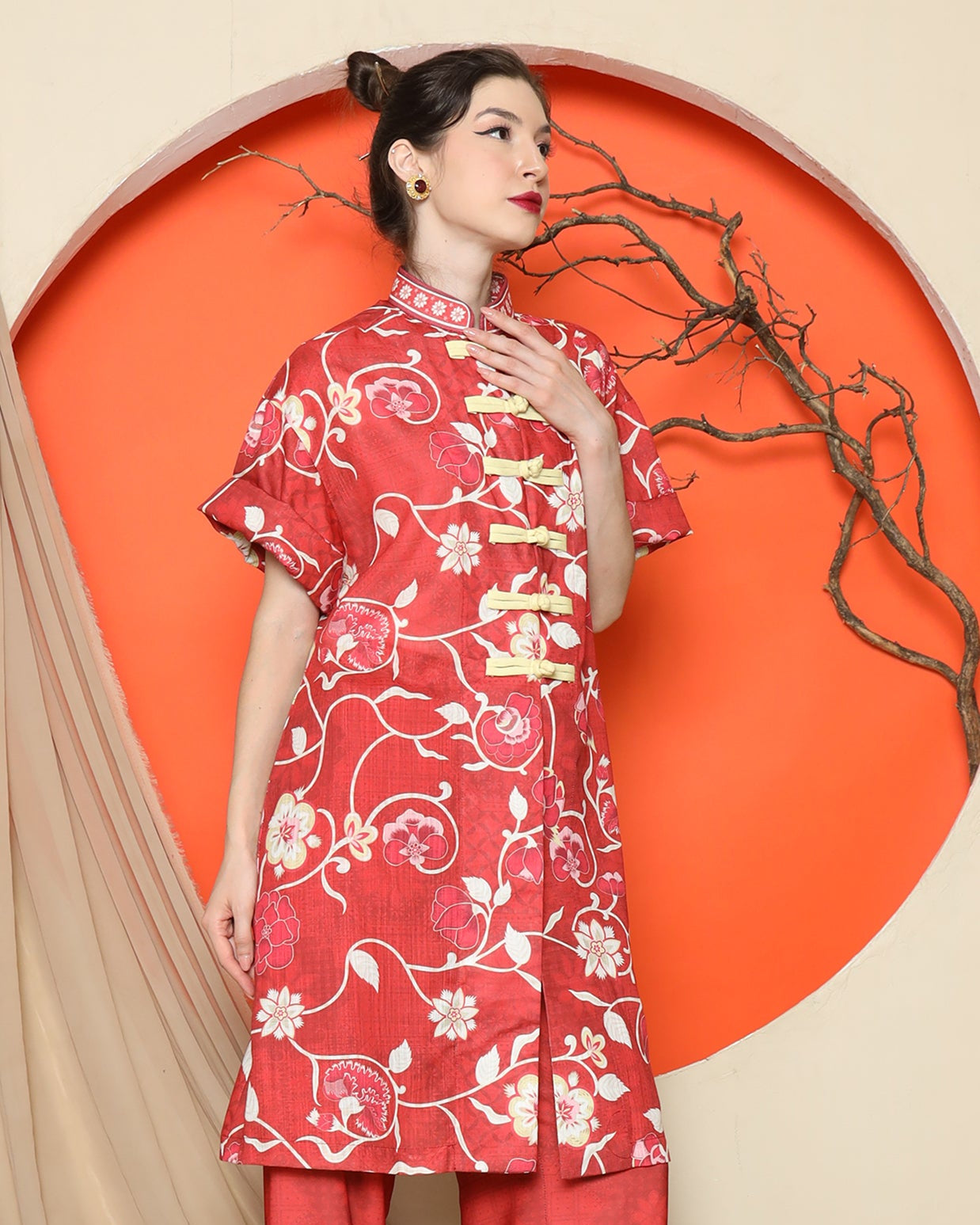 KANZI COLLECTION | Red Floral Cheongsam Pant Set