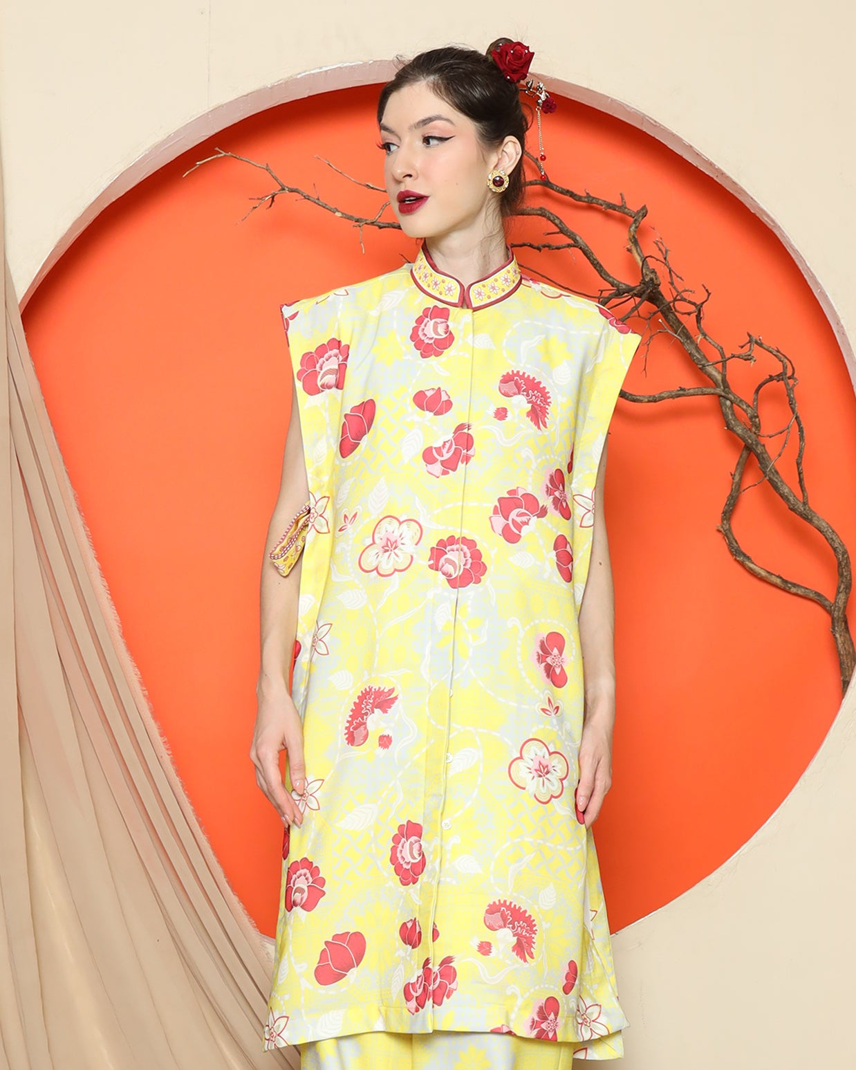 KANZI COLLECTION | Yellow Vest Kimono Jacquard Floral Pant Set