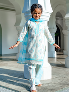 NIMBU | Gul Blue Girls Kurti With Pants Set In Cotton With Net Dupatta
