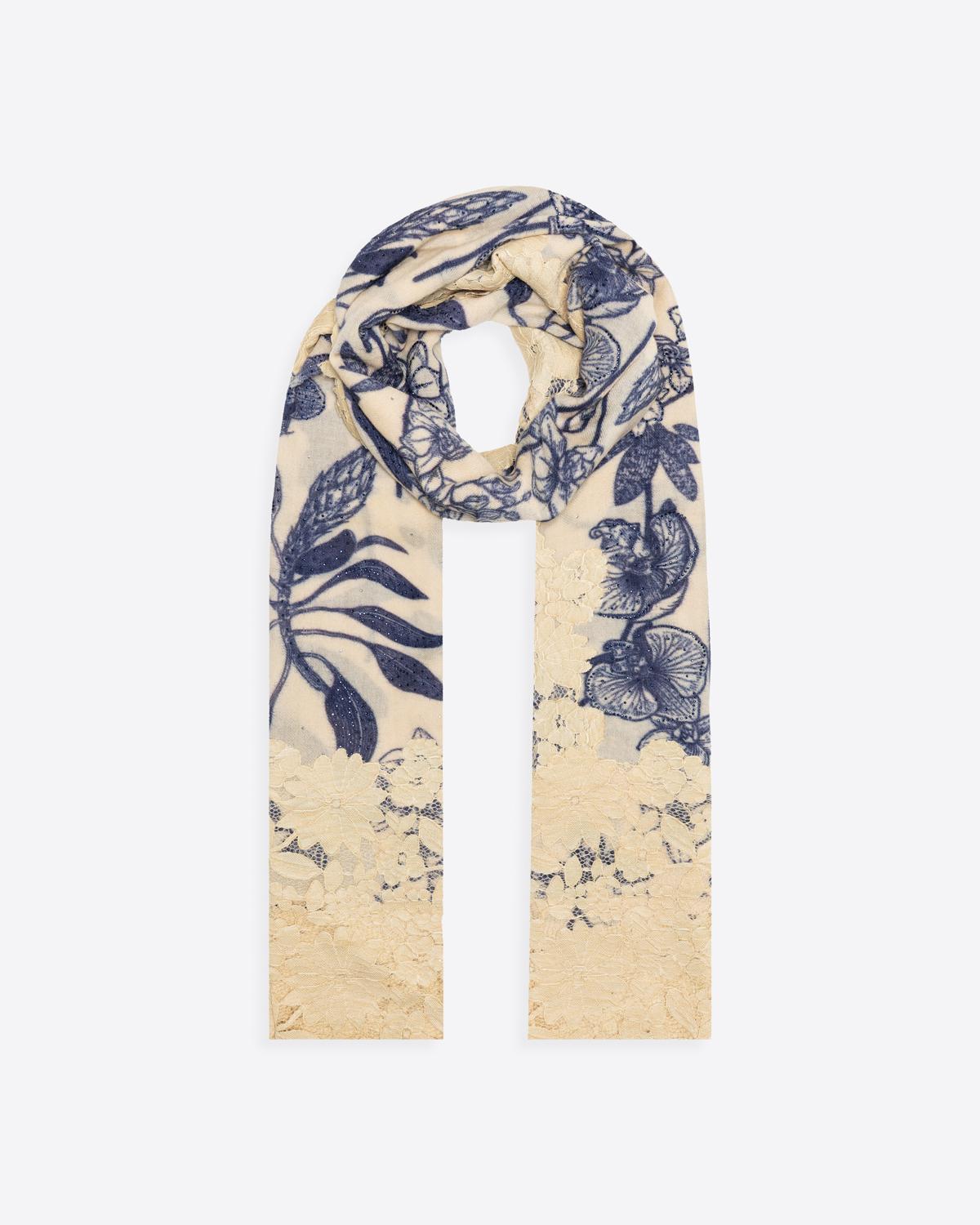 QUEENMARK | AN Assorted Lace Print Crystal Shawl Light Beige Blue Flower