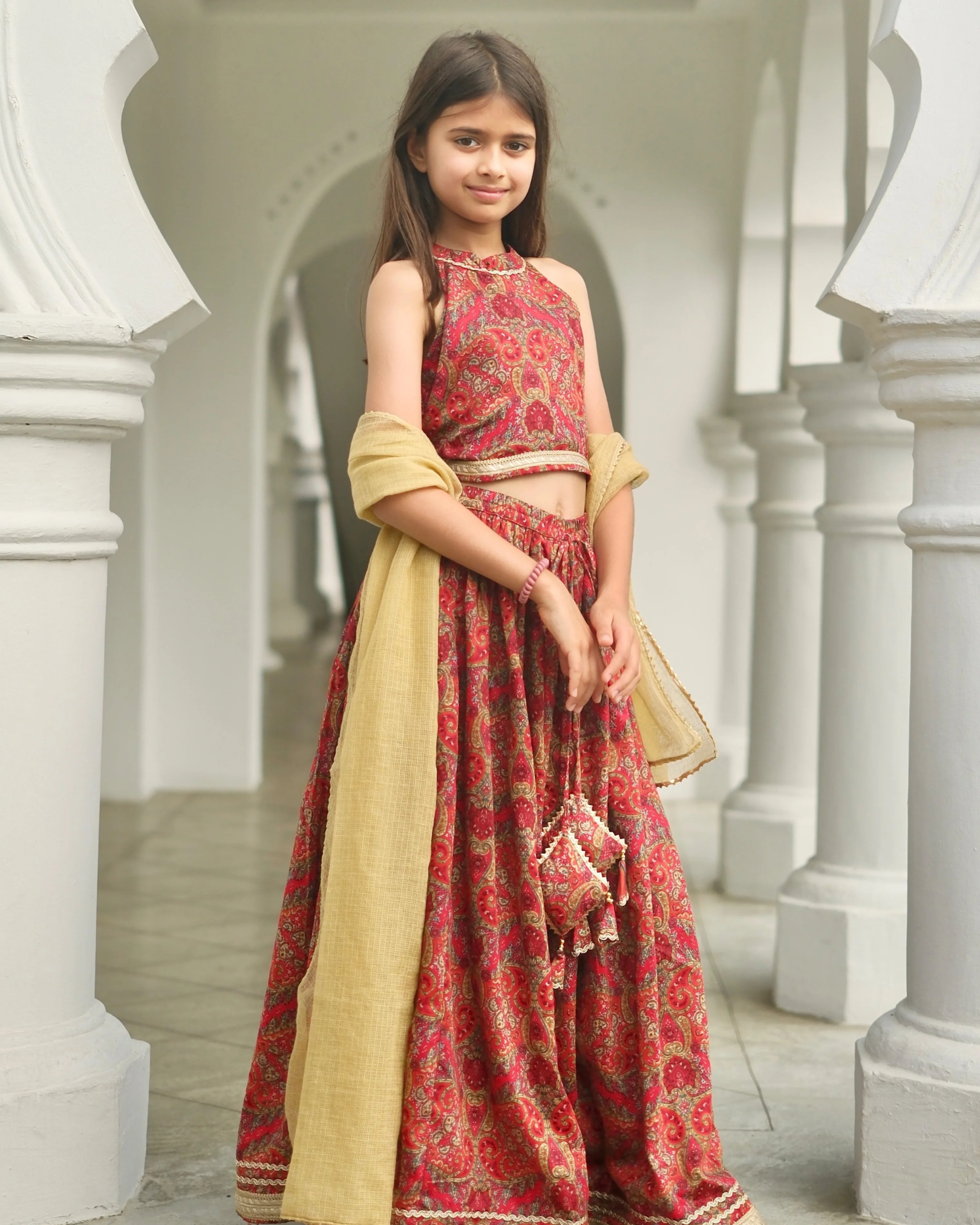 NIMBU | Amara Red Floral Girls Halter Lehenga With Chanderi Dupatta Set In Ice Cool Satin Cotton
