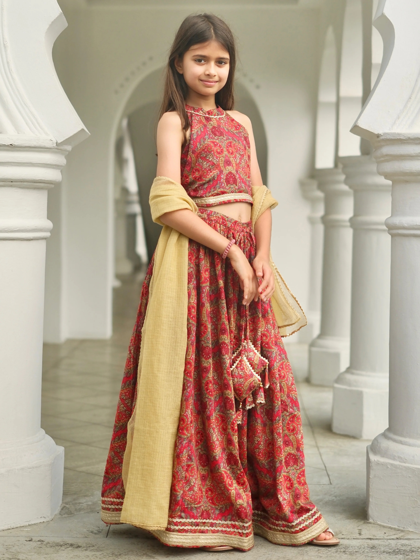 NIMBU | Amara Red Floral Girls Halter Lehenga With Chanderi Dupatta Set In Ice Cool Satin Cotton
