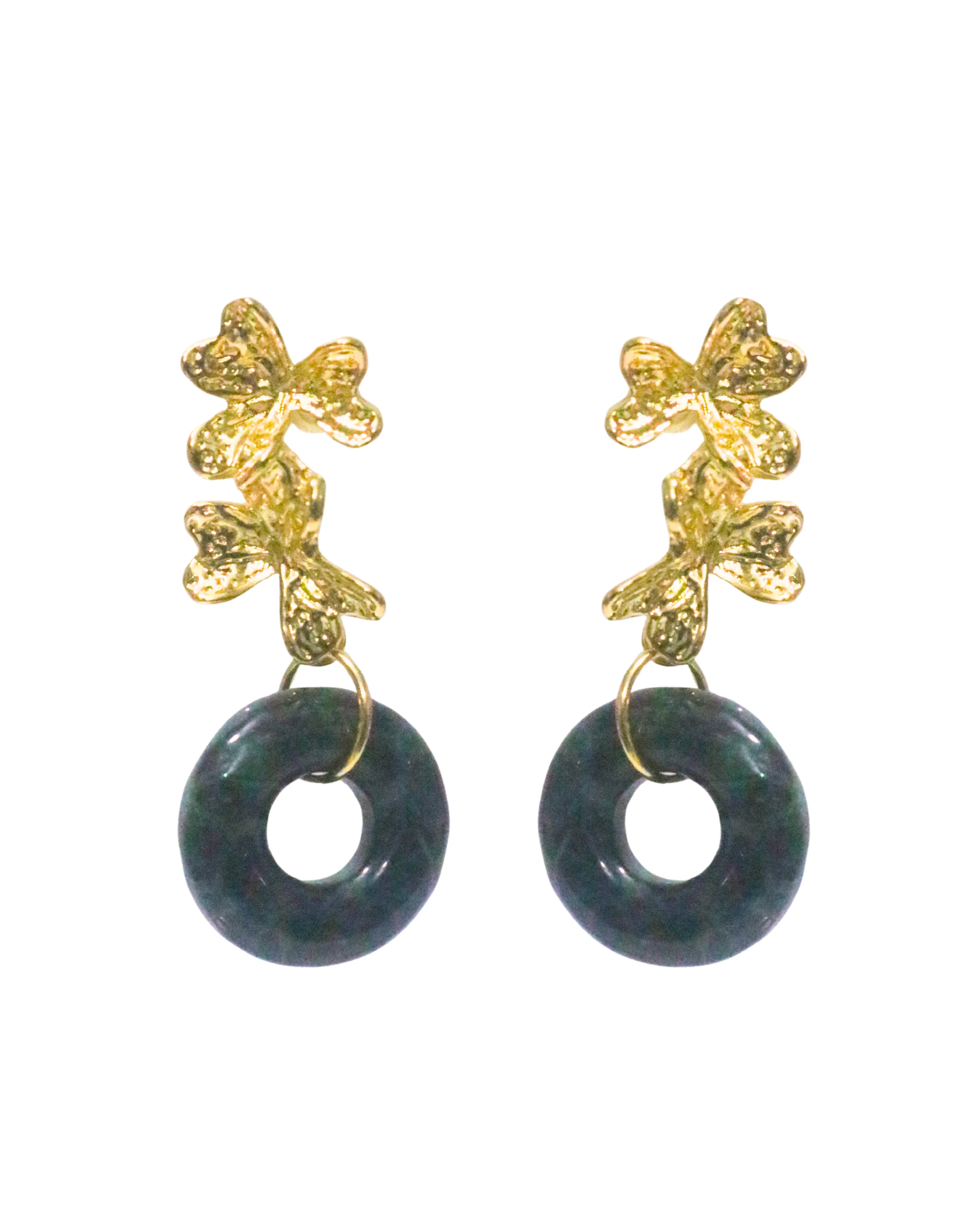 THE ANTECEDENT STORE | E - Burmese Jade Donut S1 - Orchid Flower Earrings (Dark Green)