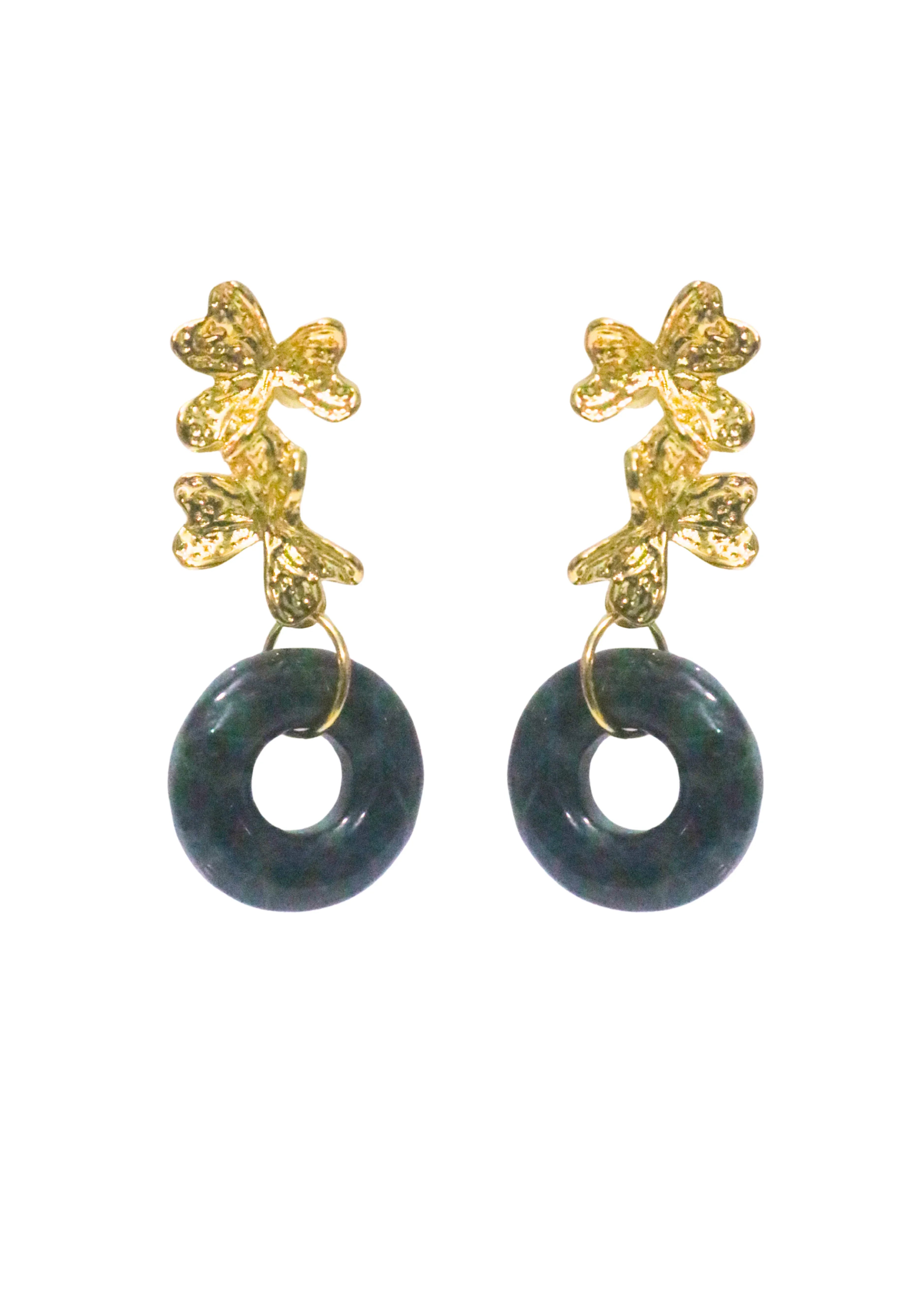 THE ANTECEDENT STORE | E - Burmese Jade Donut S1 - Orchid Flower Earrings (Dark Green)