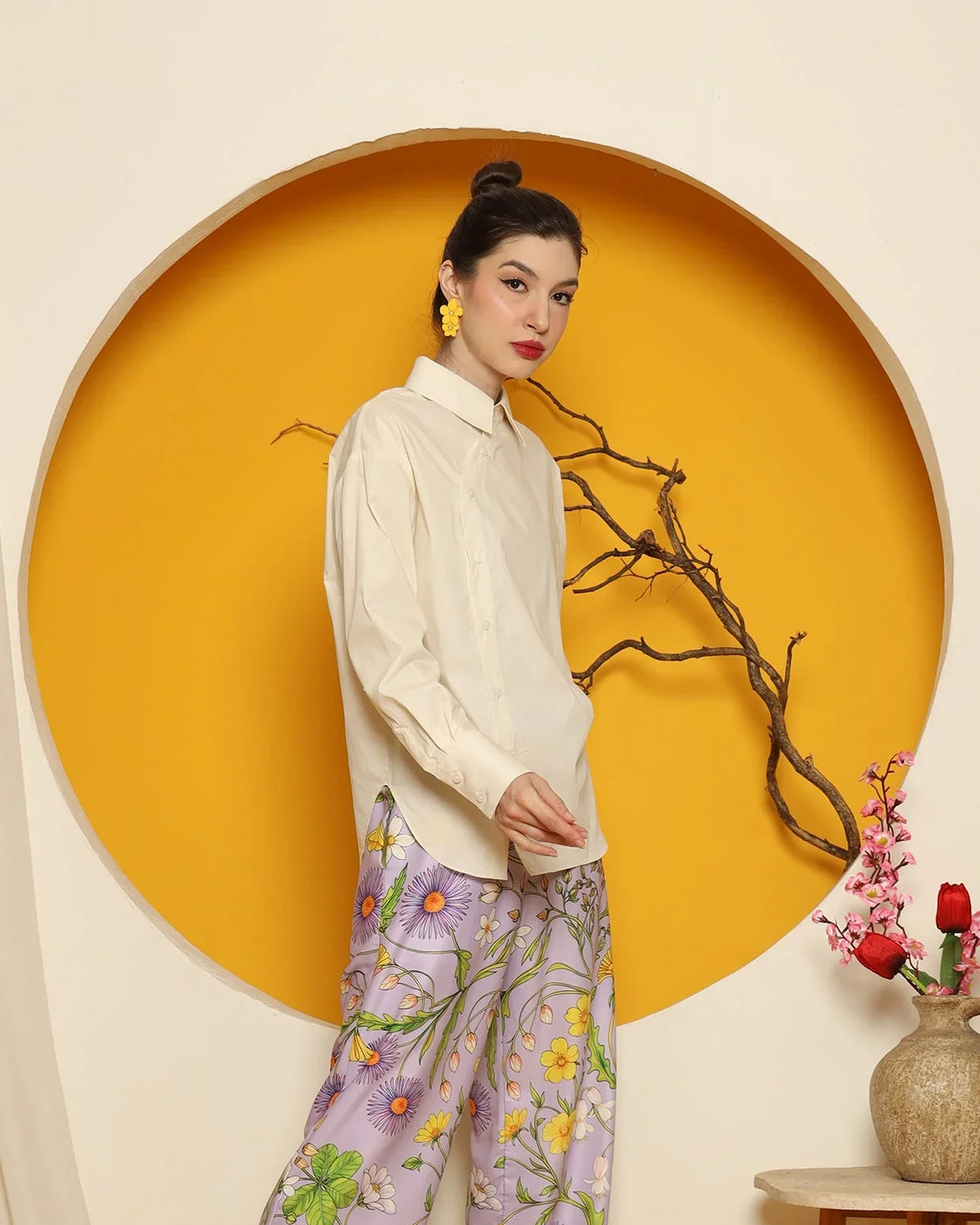 KANZI COLLECTION | Cheongsam Button Shirt With Purple Flower Pants Set