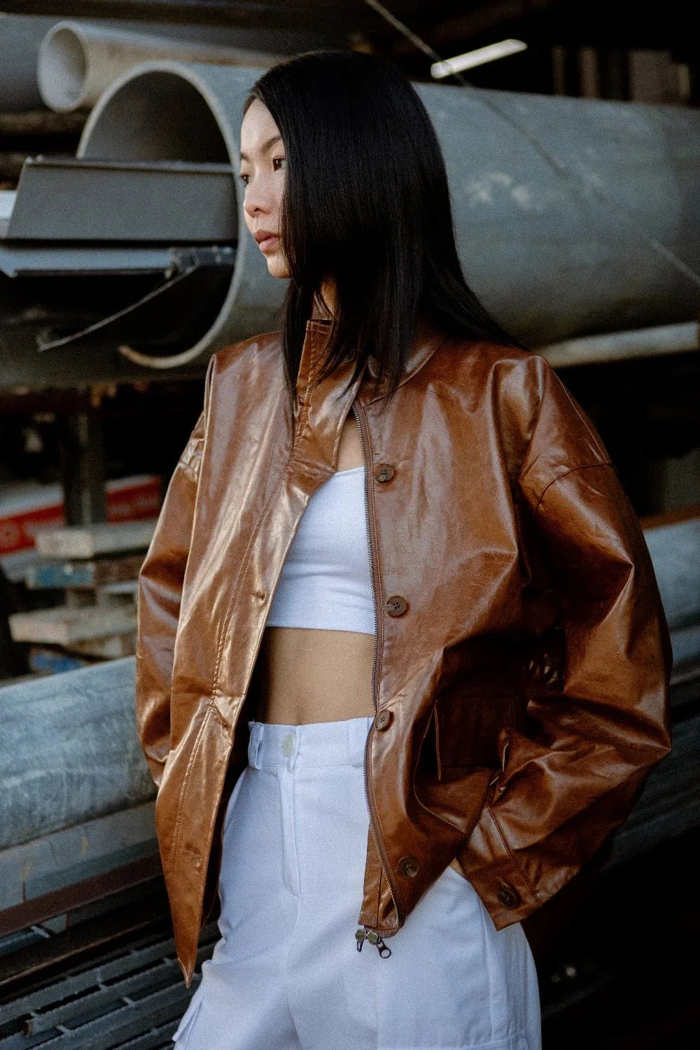 SAERO COLLECTIVE | Ryu Oversized Lacquer Jacket | Pecan Brown