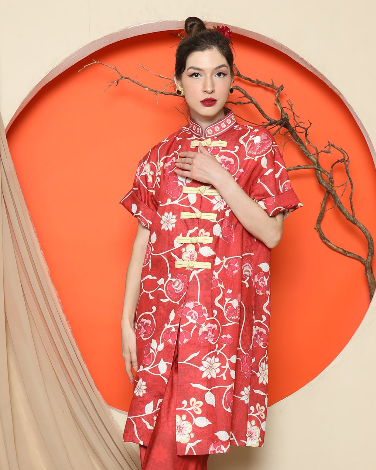 KANZI COLLECTION | Red Floral Cheongsam Pant Set