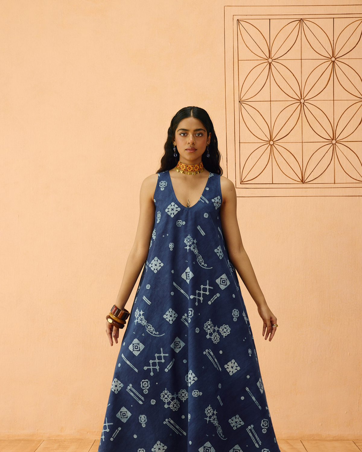 SUI | Indigo Ornament Organic Coton Maxi Dress