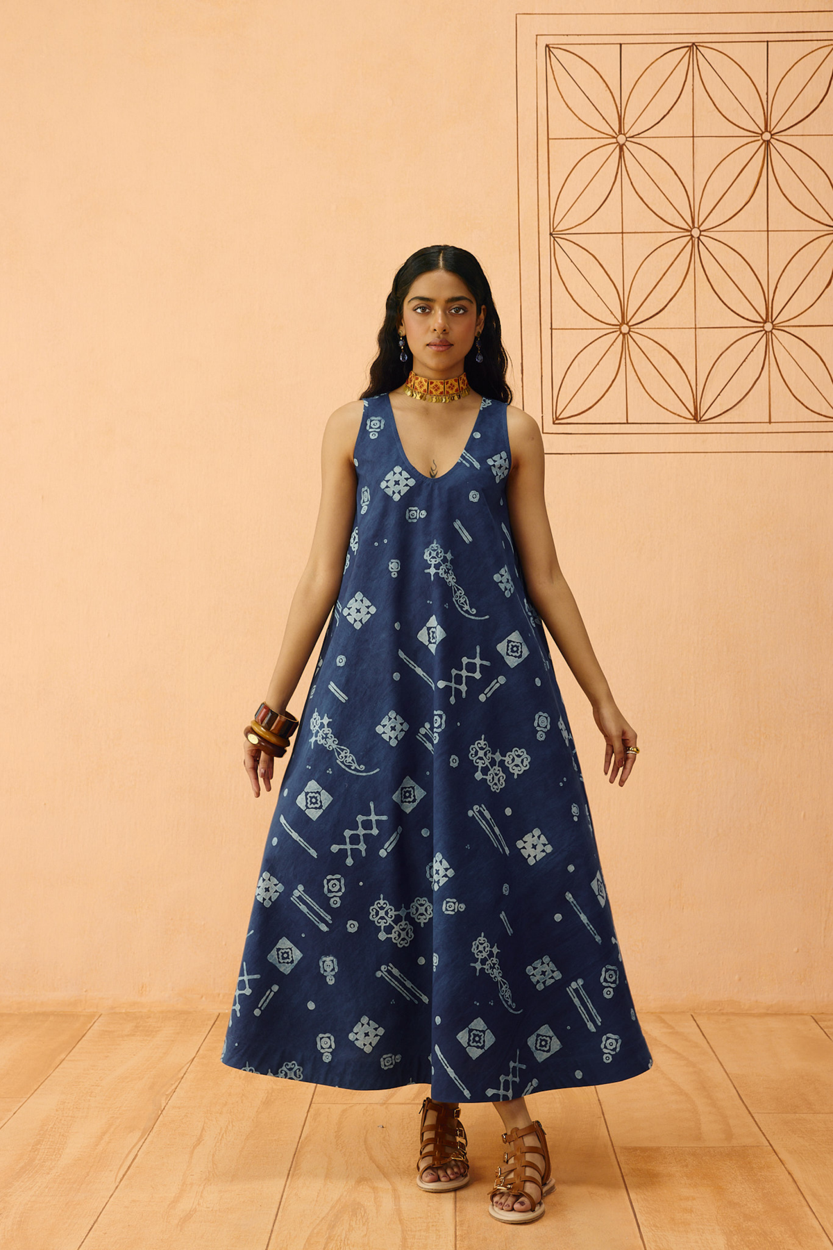 SUI | Indigo Ornament Organic Coton Maxi Dress
