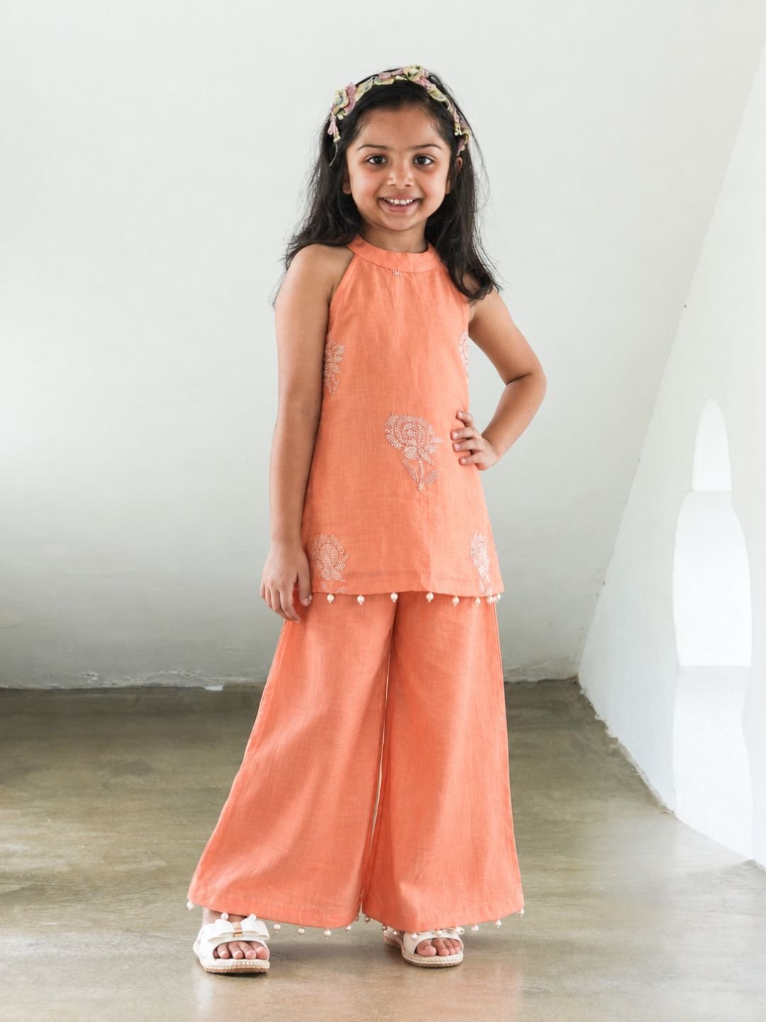 NIMBU | Aira Coral Orange Girls Halter Palazzo Set
