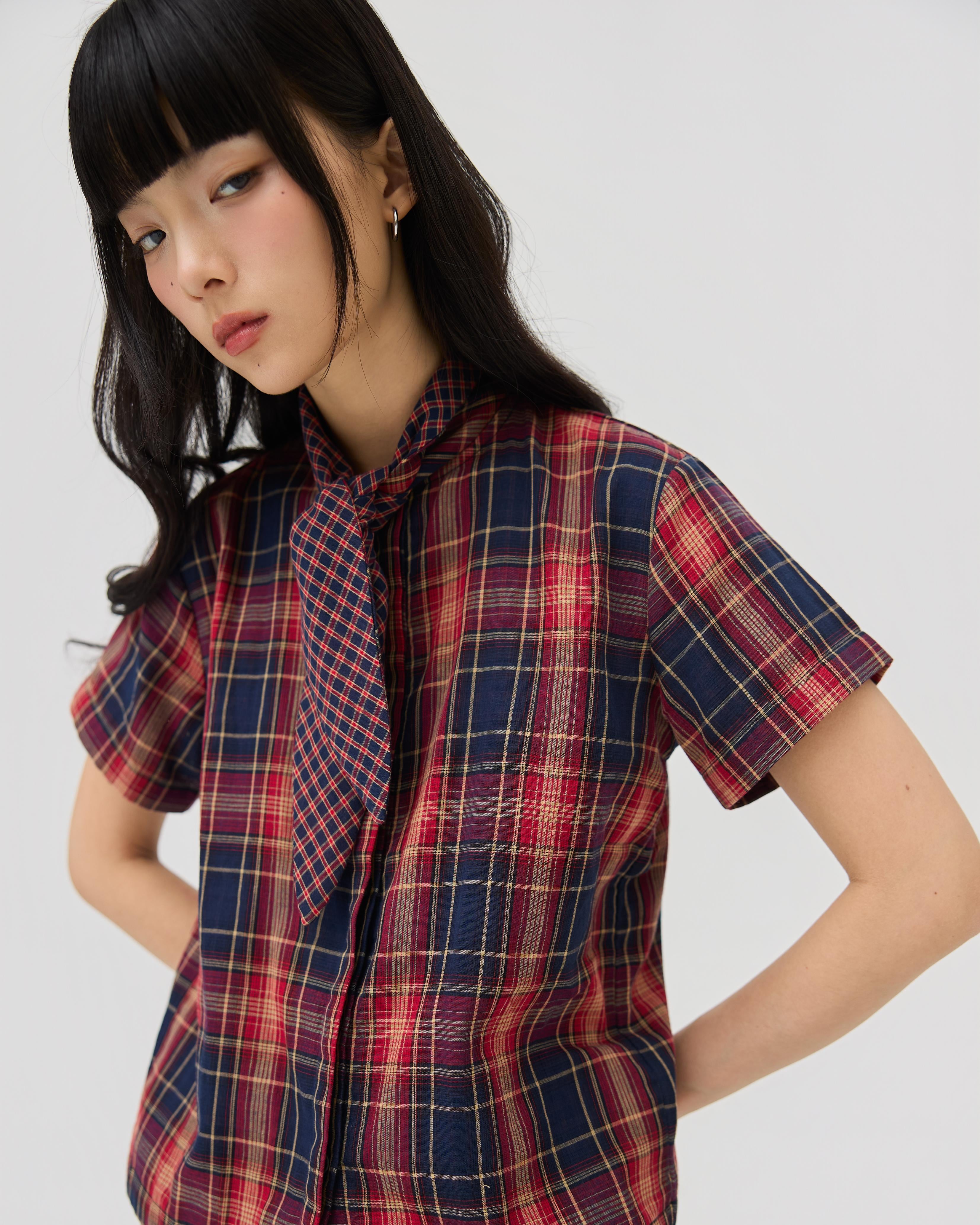 3EIGHTH | Nimai 2-Way Scarf Top In Red Tartan Gauze
