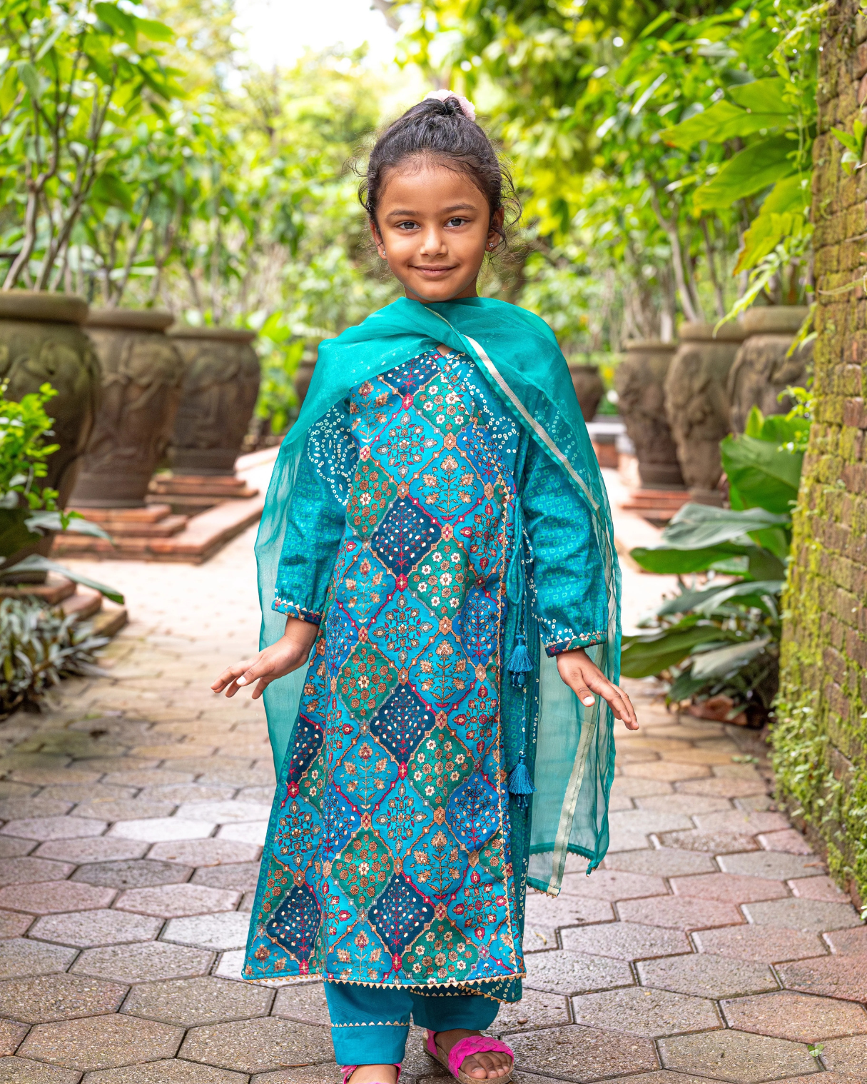 NIMBU | Shan Green Girls Angrakha Kurti Pant With Dupatta Set In Muslin Cotton
