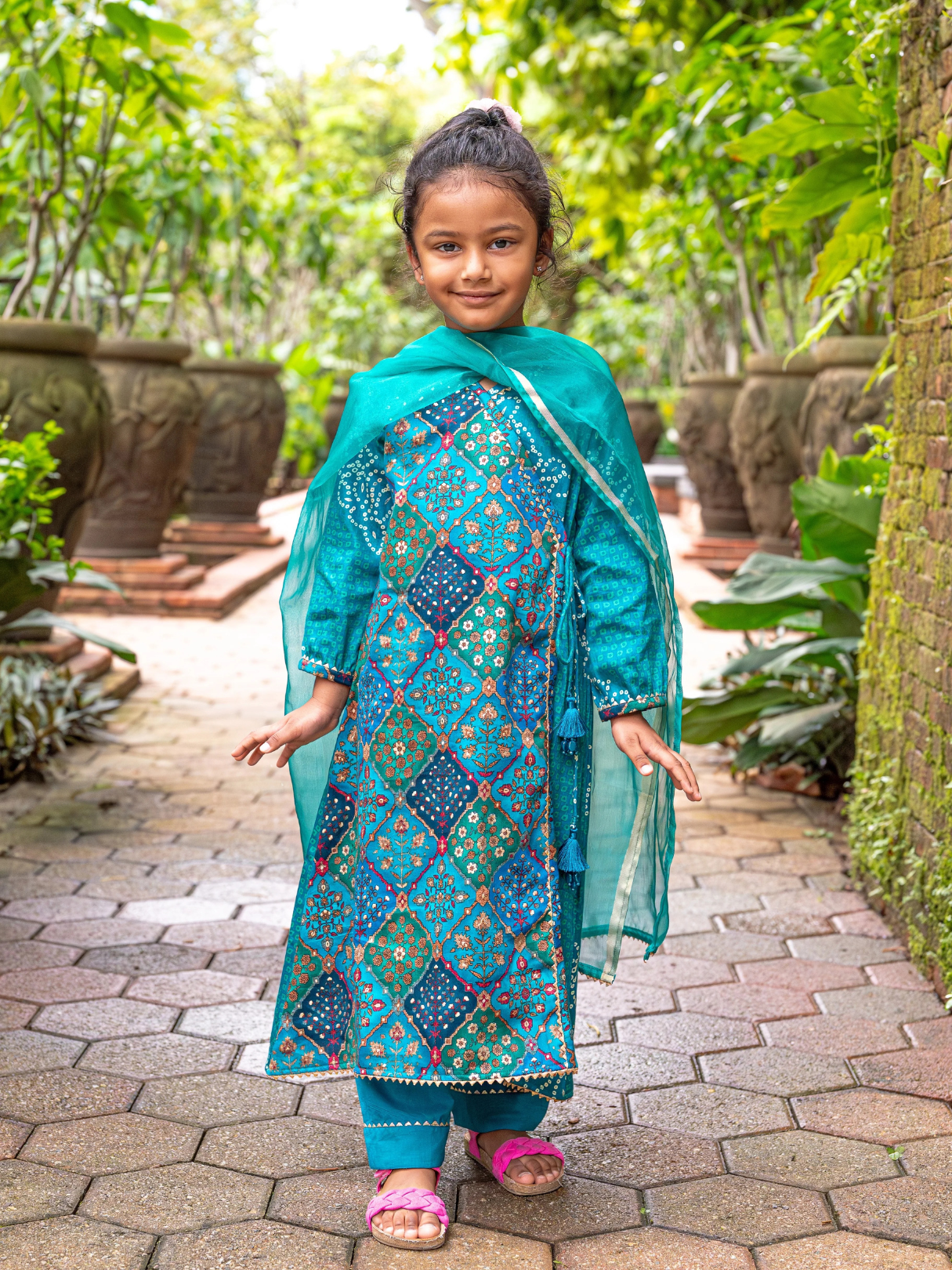 NIMBU | Shan Green Girls Angrakha Kurti Pant With Dupatta Set In Muslin Cotton