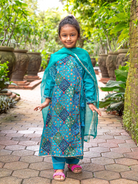 NIMBU | Shan Green Girls Angrakha Kurti Pant With Dupatta Set In Muslin Cotton
