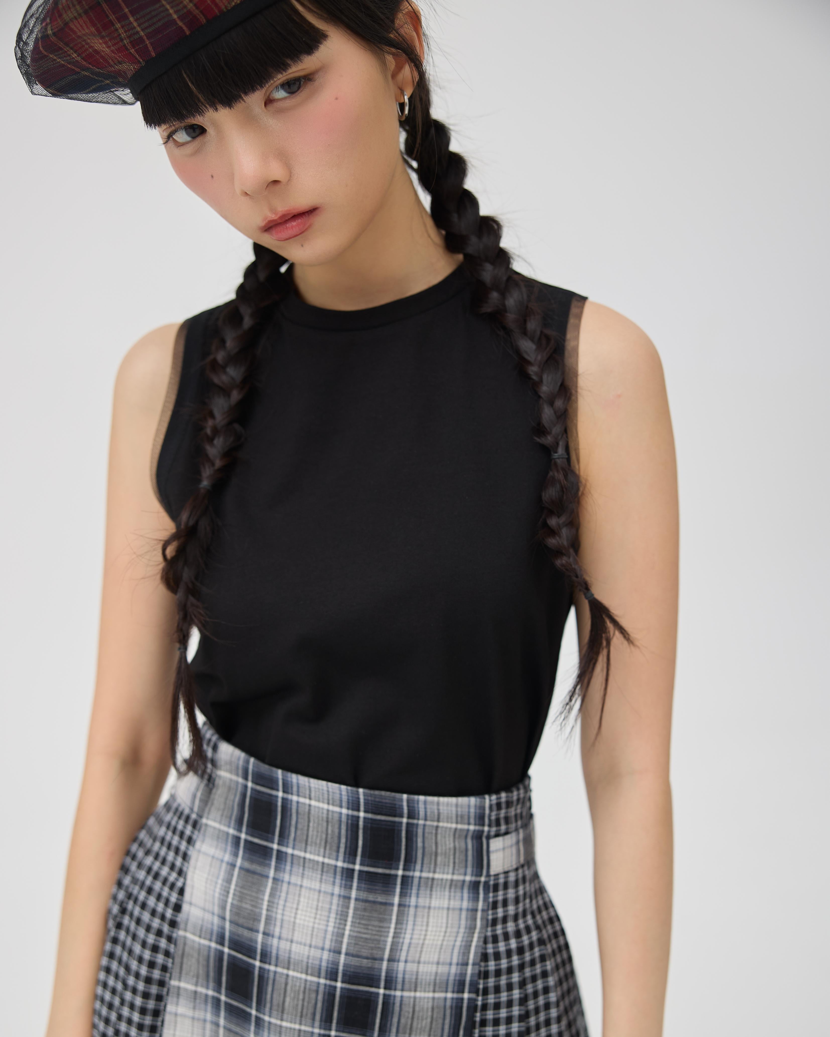 3EIGHTH | Ginrin Skirt In Black Tartan Double Gauze