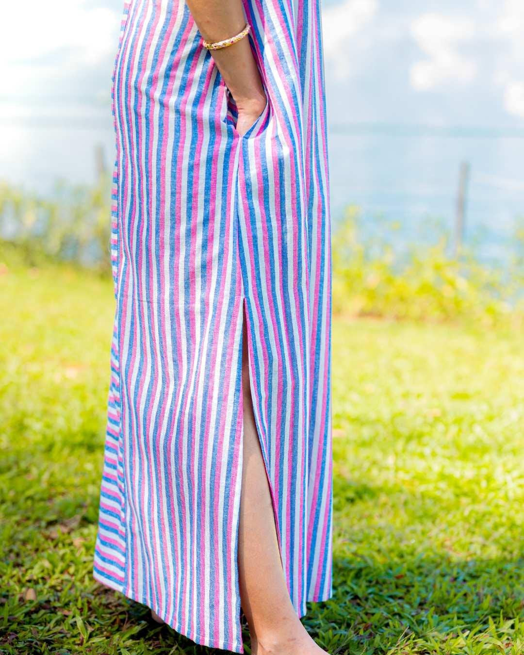 NIMBU | Luna Women's Slit Dress In Pink And Blue Stripes