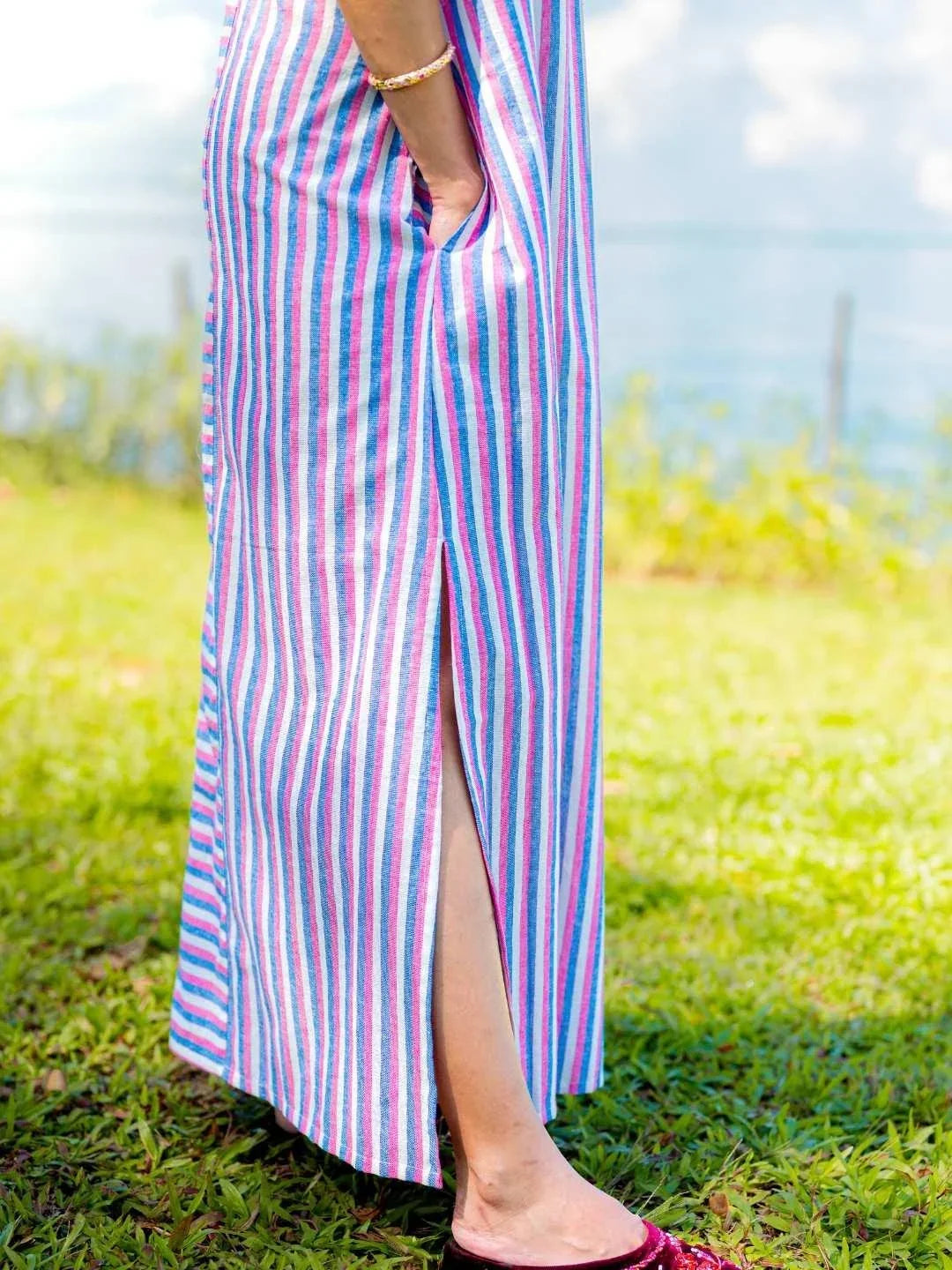 NIMBU | Luna Women's Slit Dress In Pink And Blue Stripes