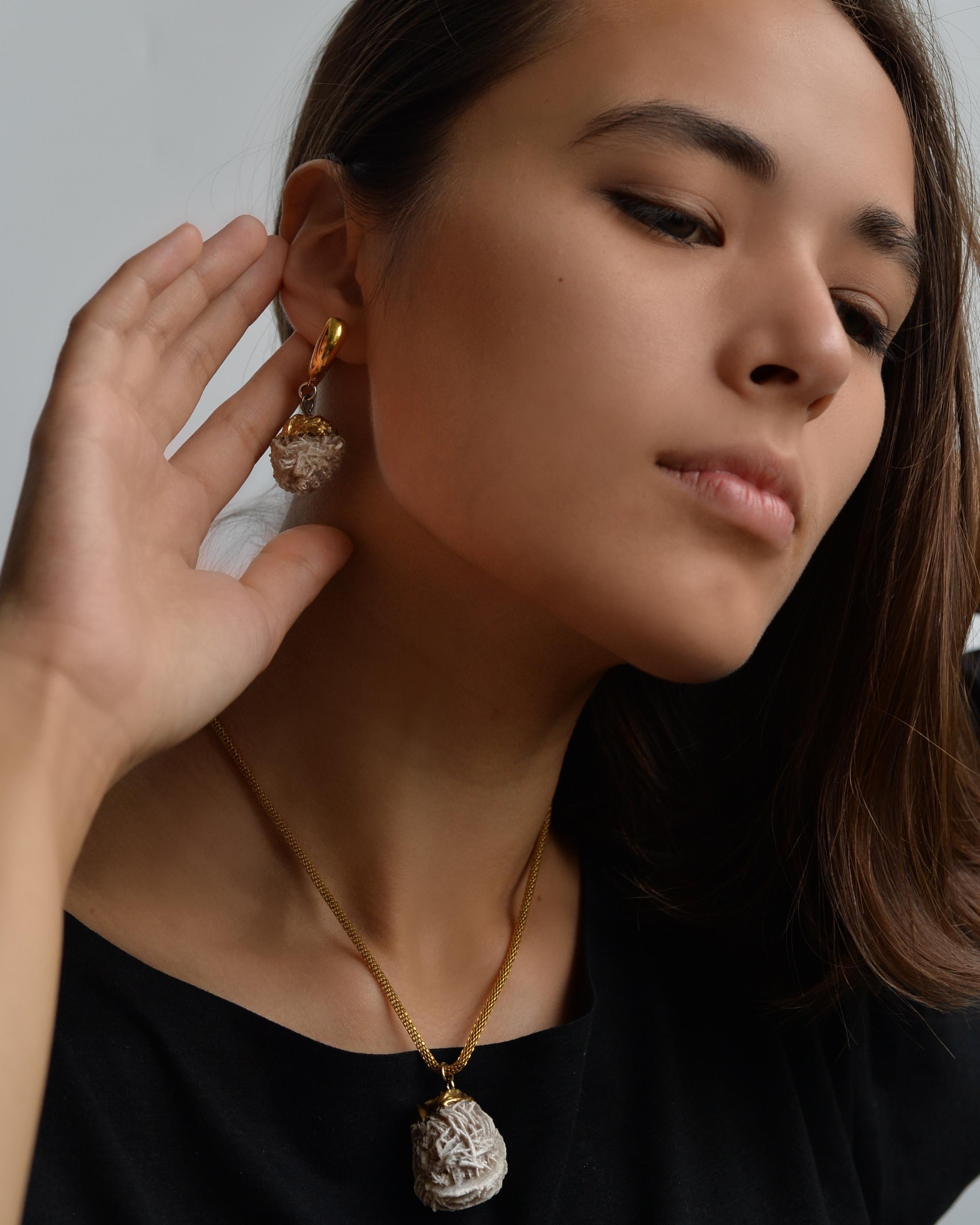 MARILYN TAN JEWELLERY | Natural Beige Desert Rose Clip and Post Gold Earrings
