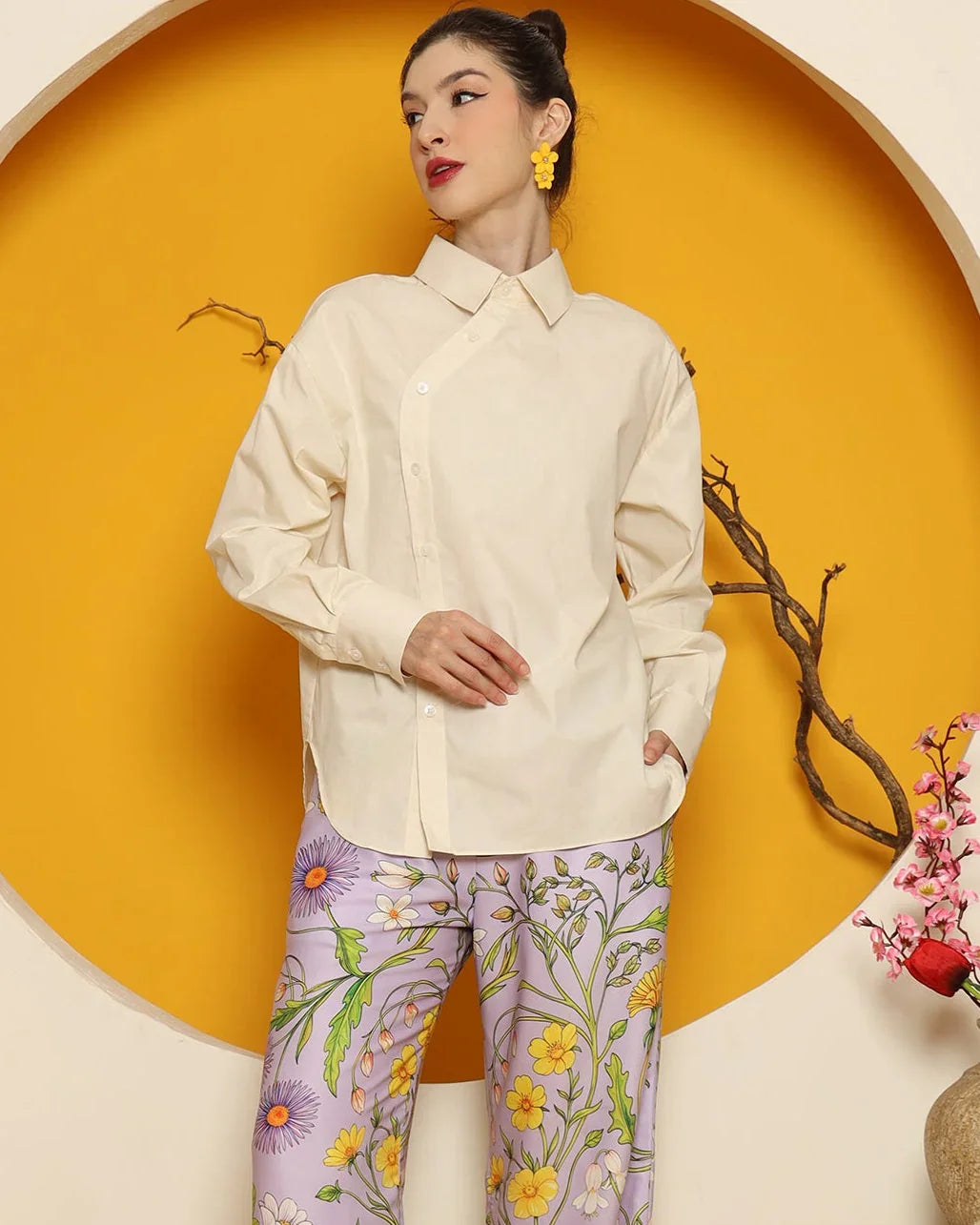KANZI COLLECTION | Cheongsam Button Shirt With Purple Flower Pants Set