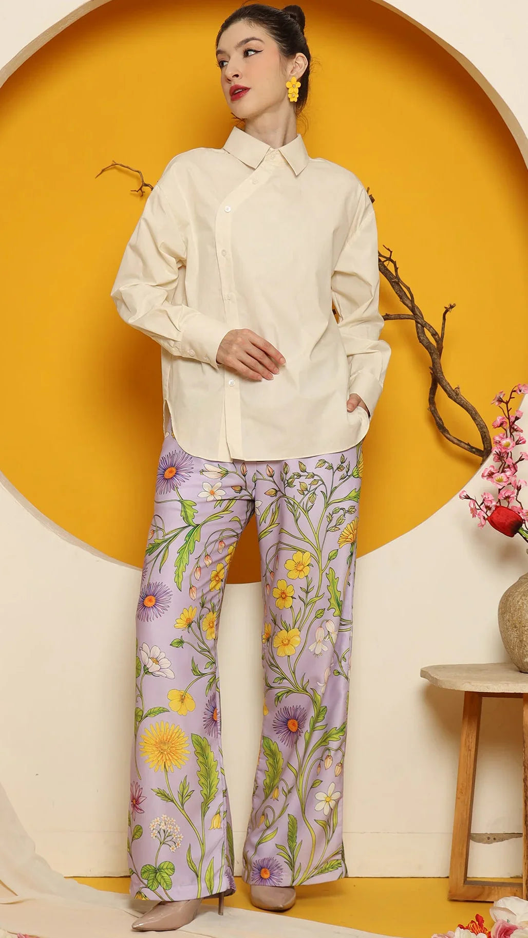 KANZI COLLECTION | Cheongsam Button Shirt With Purple Flower Pants Set