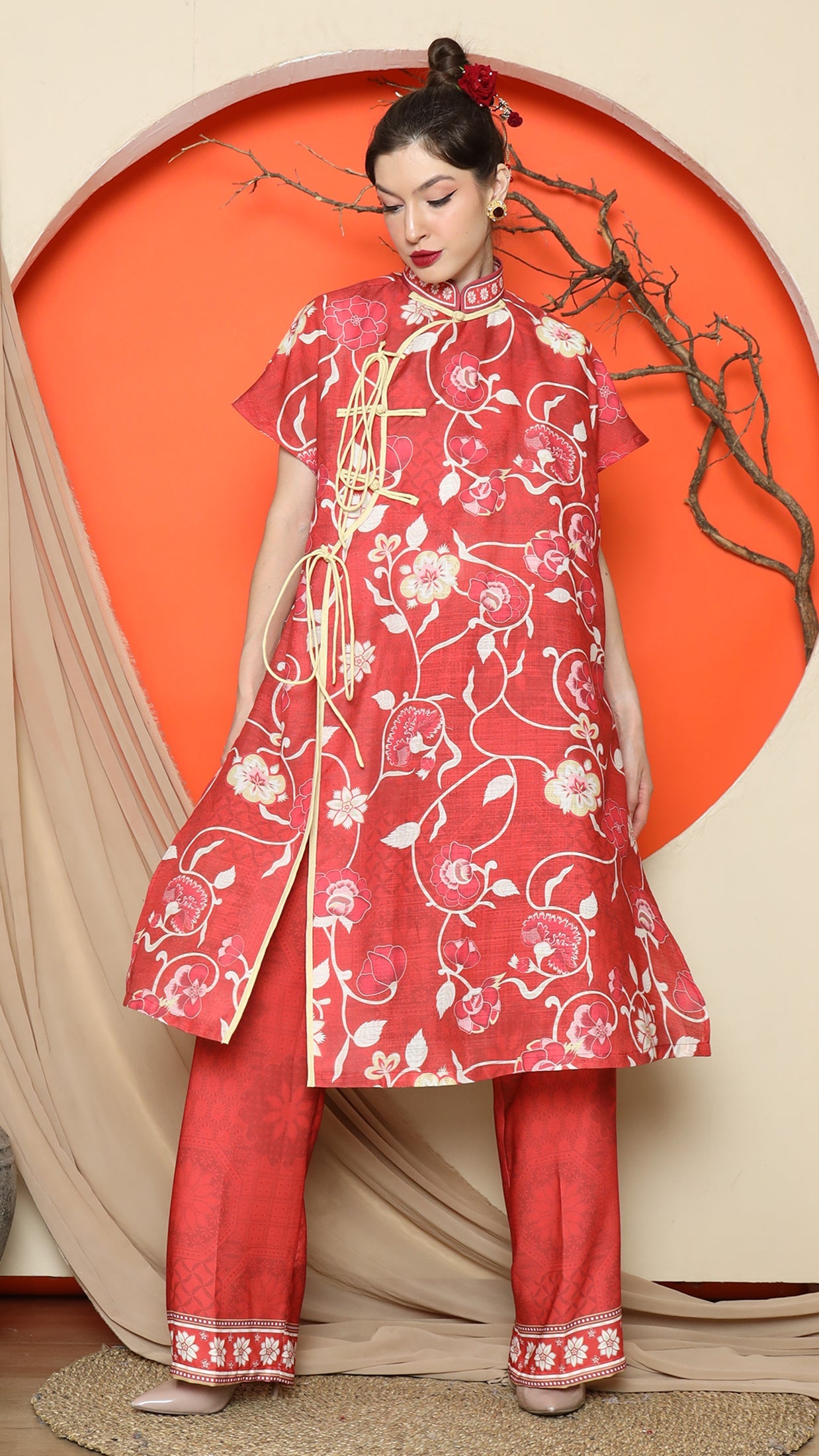 KANZI COLLECTION | Red Oriental Floral Cheongsam Pant Set
