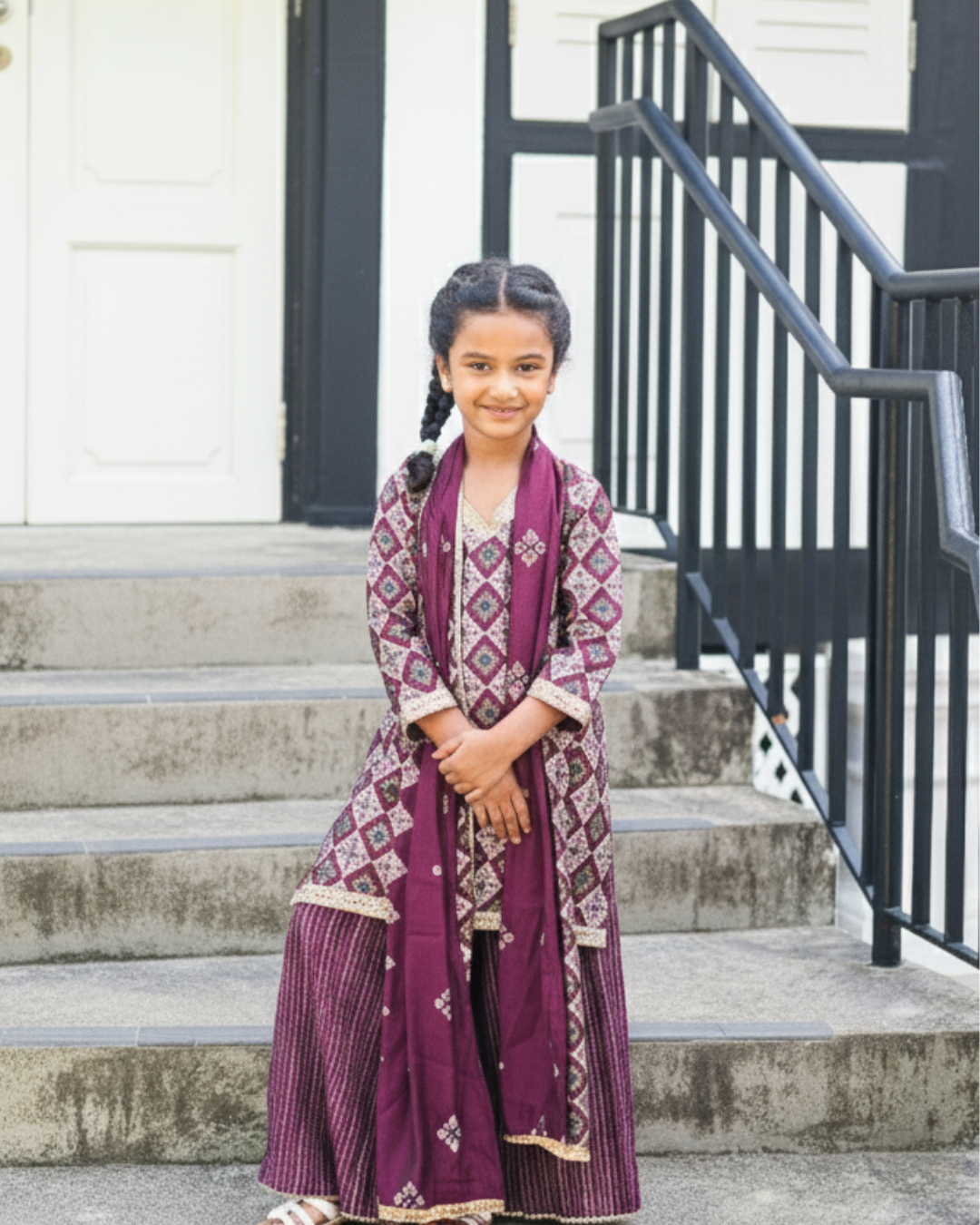 NIMBU | Tara Purple Girls Choga Style Kurta & Palazzo Set in Cotton