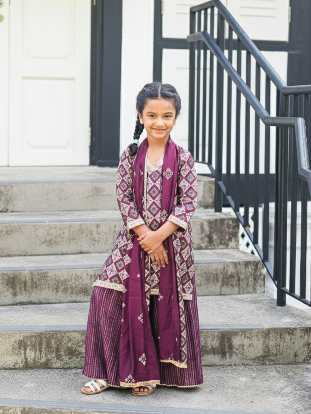 NIMBU | Tara Purple Girls Choga Style Kurta & Palazzo Set in Cotton