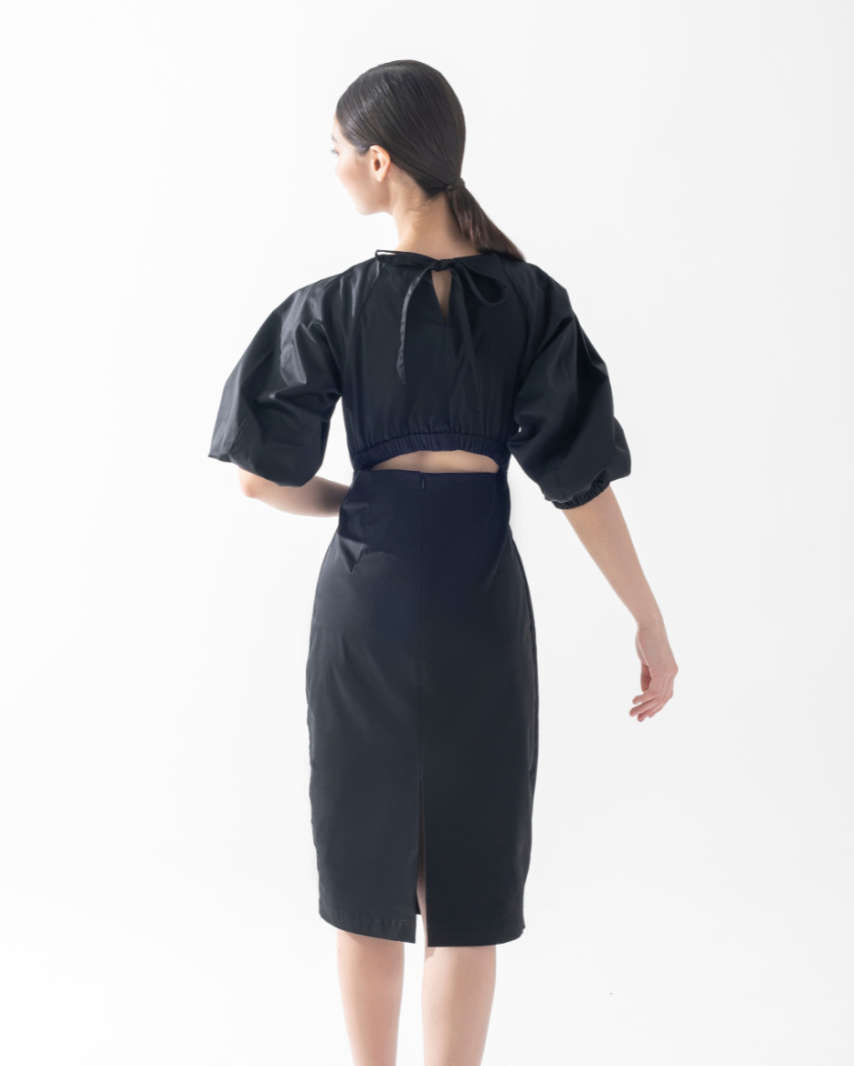 CAELI ECO LUXE | Puff Sleeve Open Back Dress Black