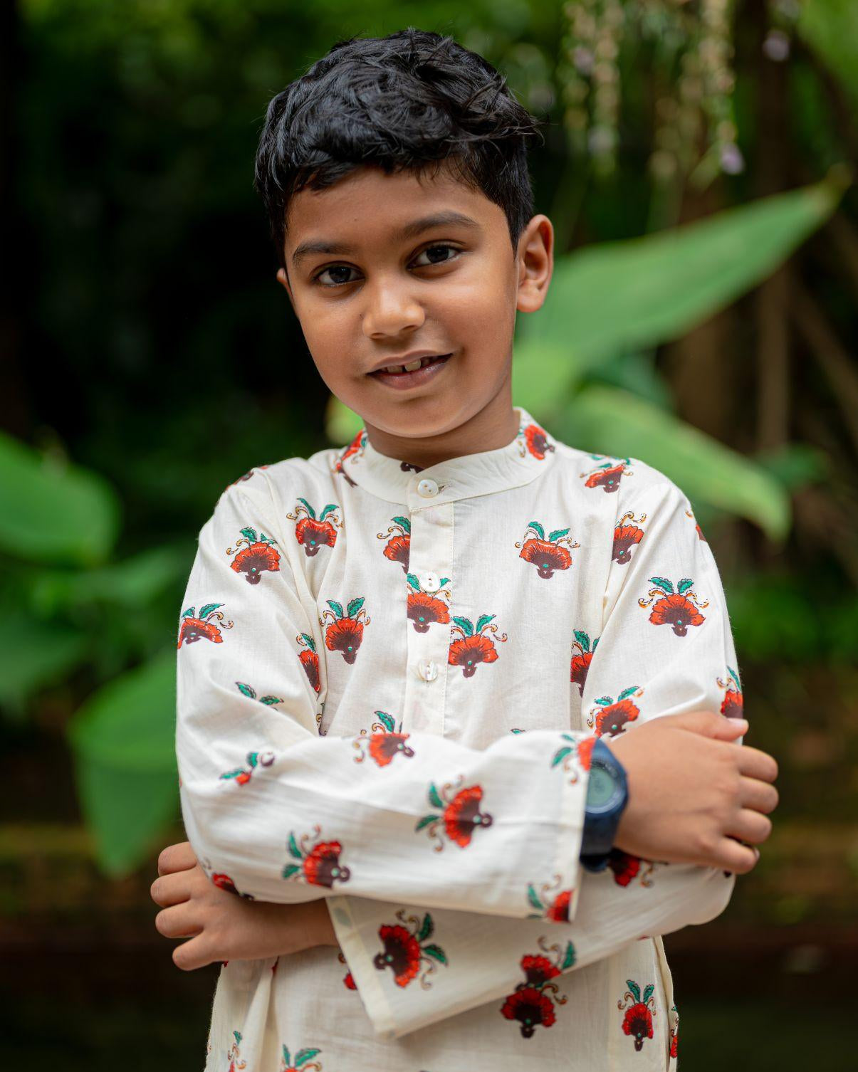 NIMBU | Rosa Boys Cotton Kurta Pajama Set In Off White