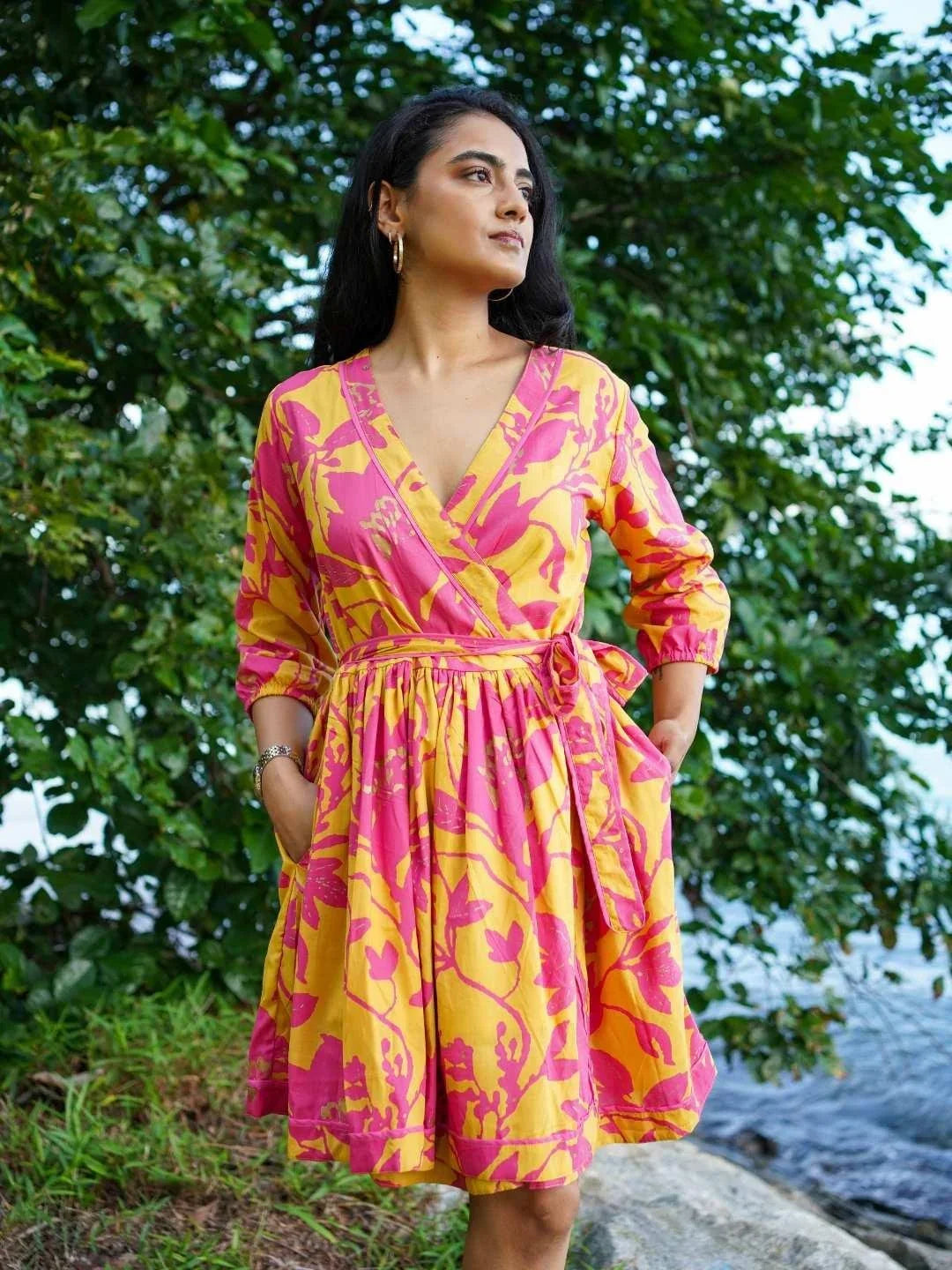 NIMBU | Havana Mustard Hot Pink Women's Short Dress