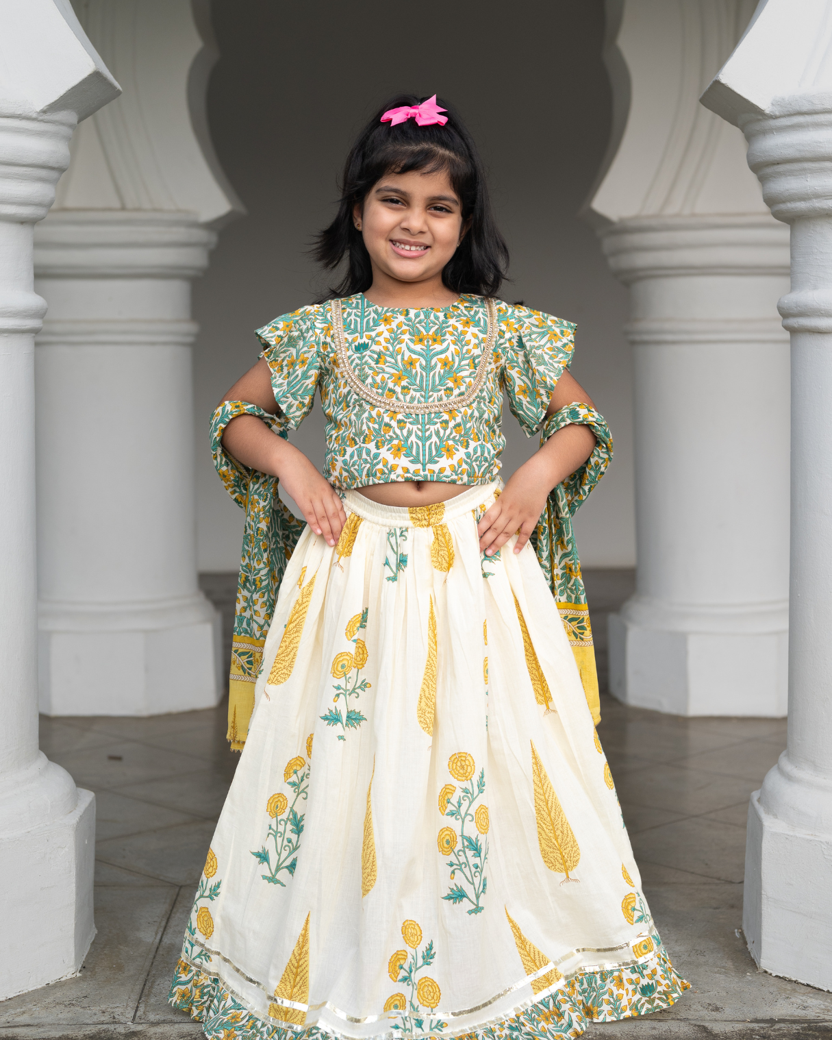 NIMBU | Mira Green Girls Lehenga Choli Skirt Top in Cotton