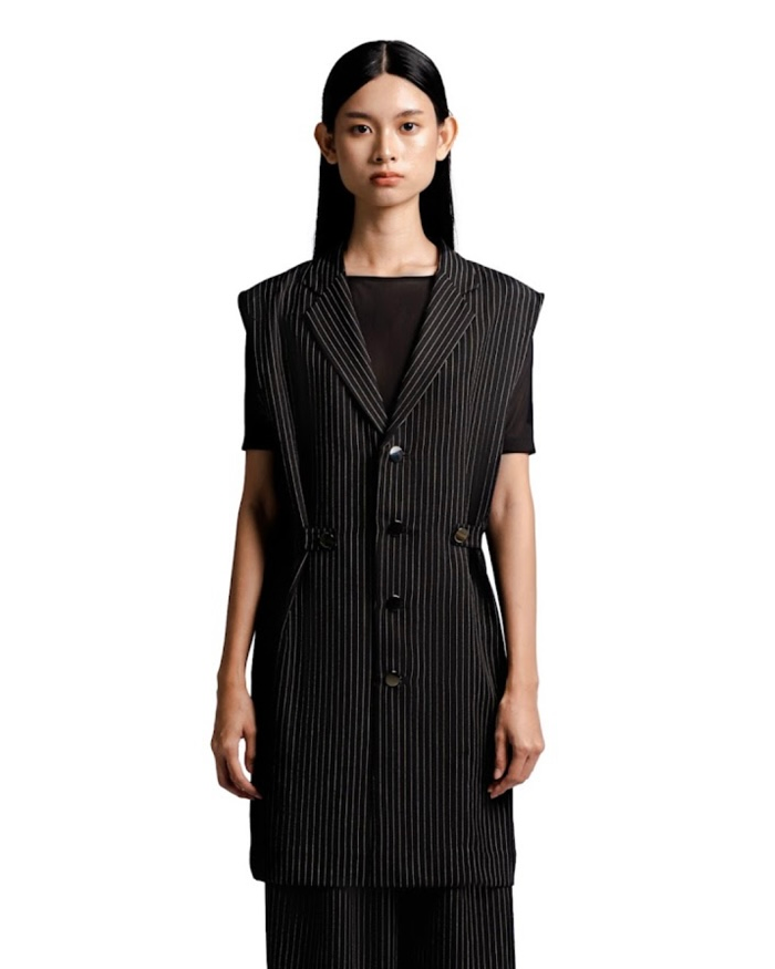 STUDIOMORAL | Adjustable Waist Vest in Black Pinstripe