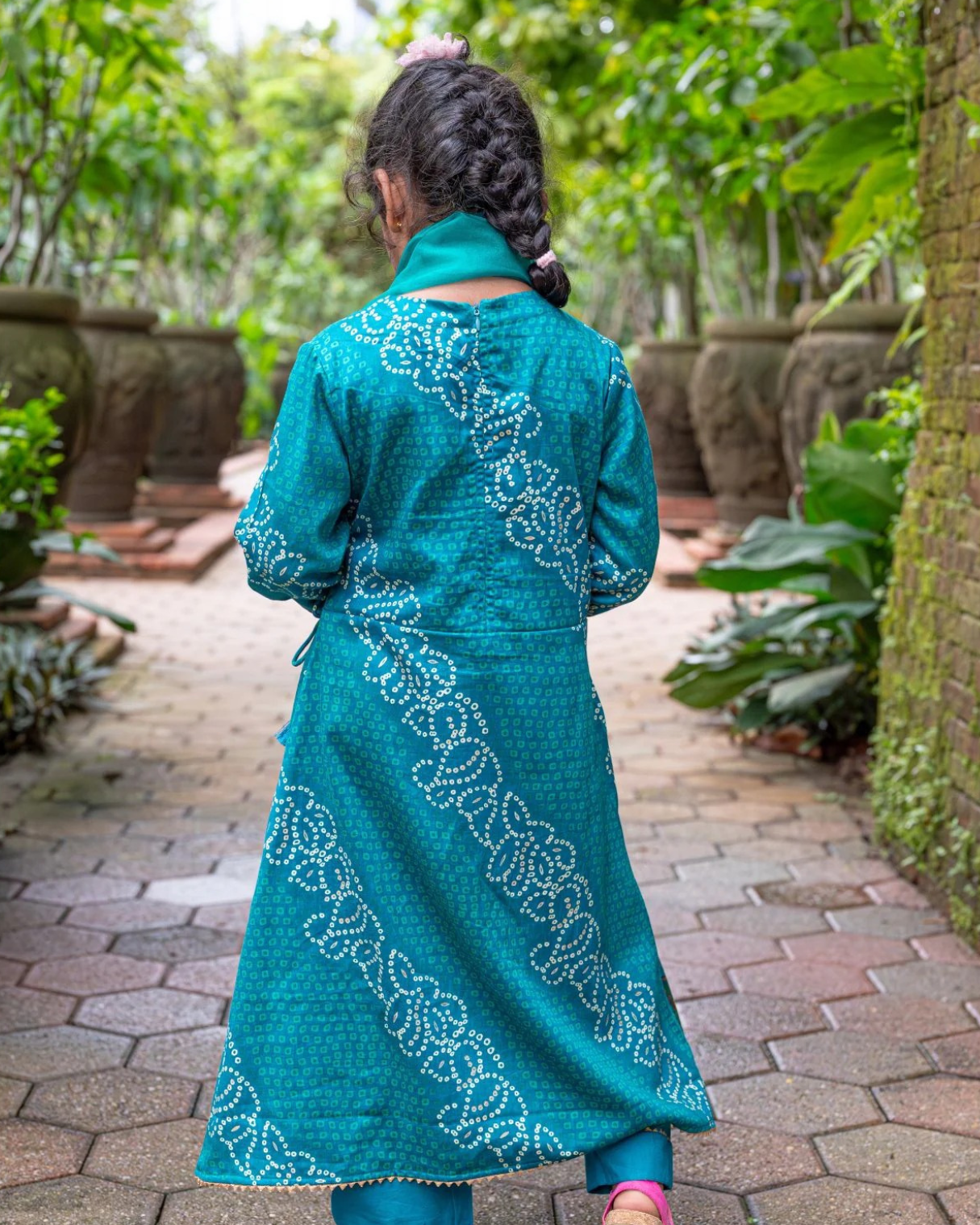 NIMBU | Shan Green Girls Angrakha Kurti Pant With Dupatta Set In Muslin Cotton