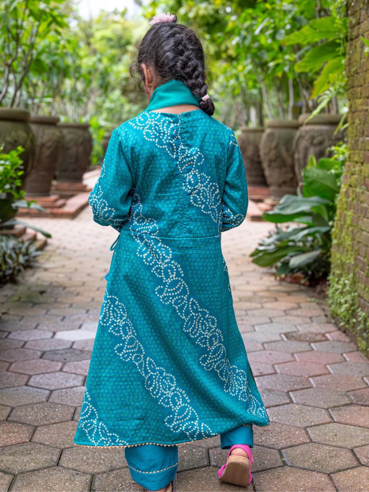 NIMBU | Shan Green Girls Angrakha Kurti Pant With Dupatta Set In Muslin Cotton