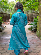 NIMBU | Shan Green Girls Angrakha Kurti Pant With Dupatta Set In Muslin Cotton
