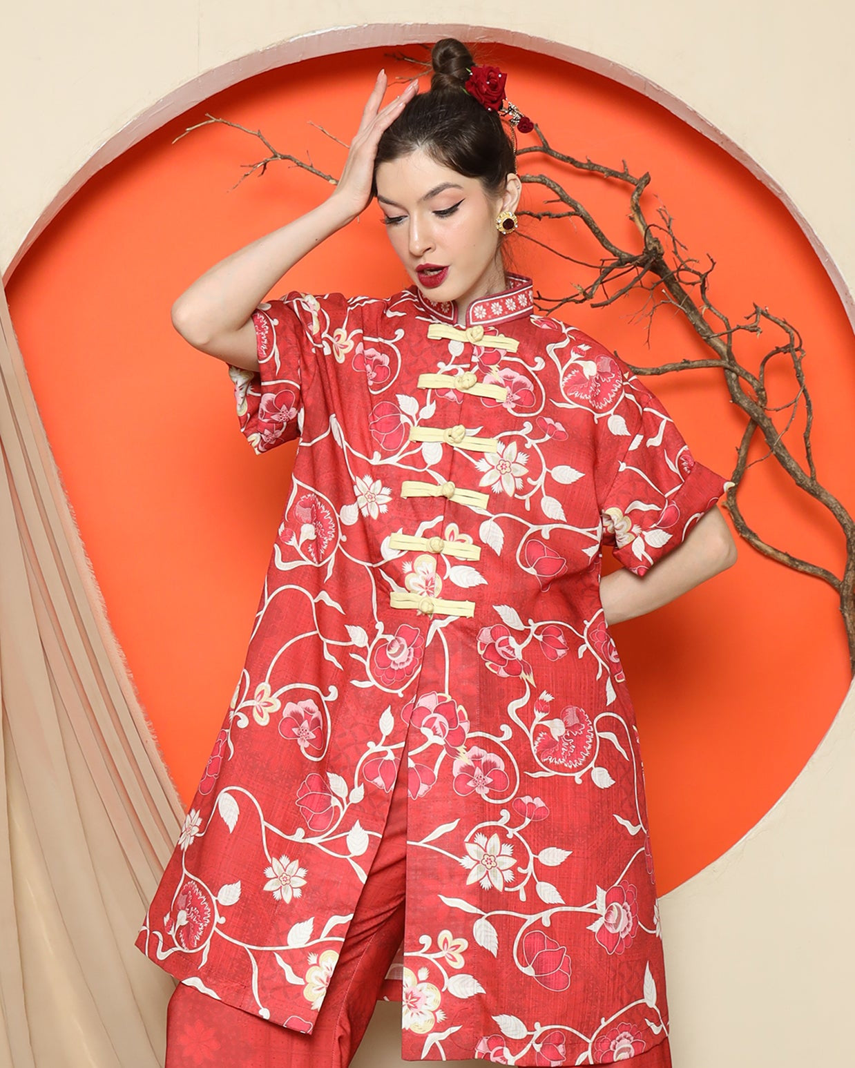 KANZI COLLECTION | Red Floral Cheongsam Pant Set