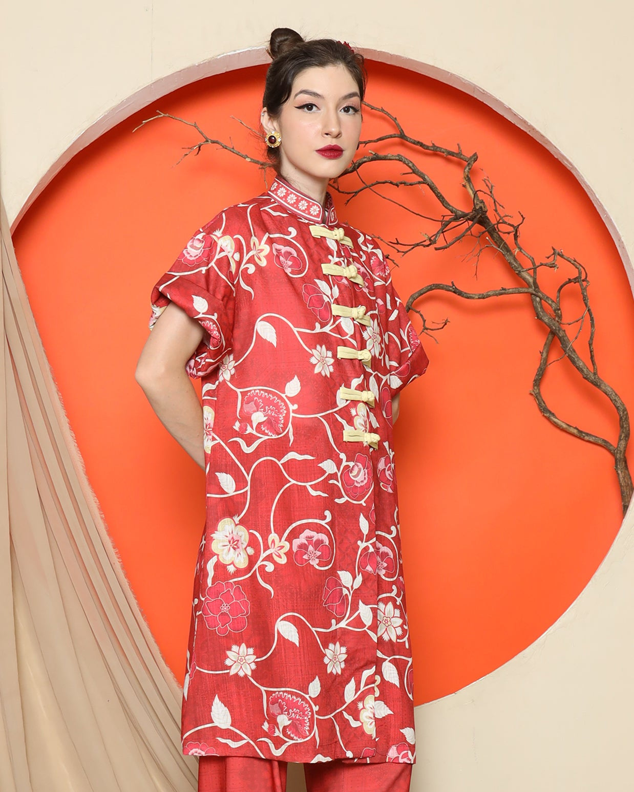 KANZI COLLECTION | Red Floral Cheongsam Pant Set