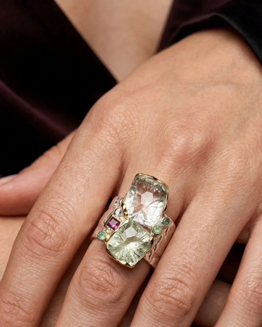 CREATIVE JEWELLERY STUDIO | Pink & Green Tourmaline, Amethyst "Landscape", Rhodium Plated 925 Silver Ring | Lithosphere Jewels