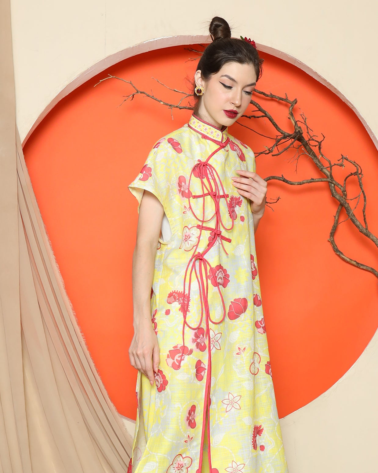 KANZI COLLECTION | Yellow Oriental Floral Cheongsam Pant Set