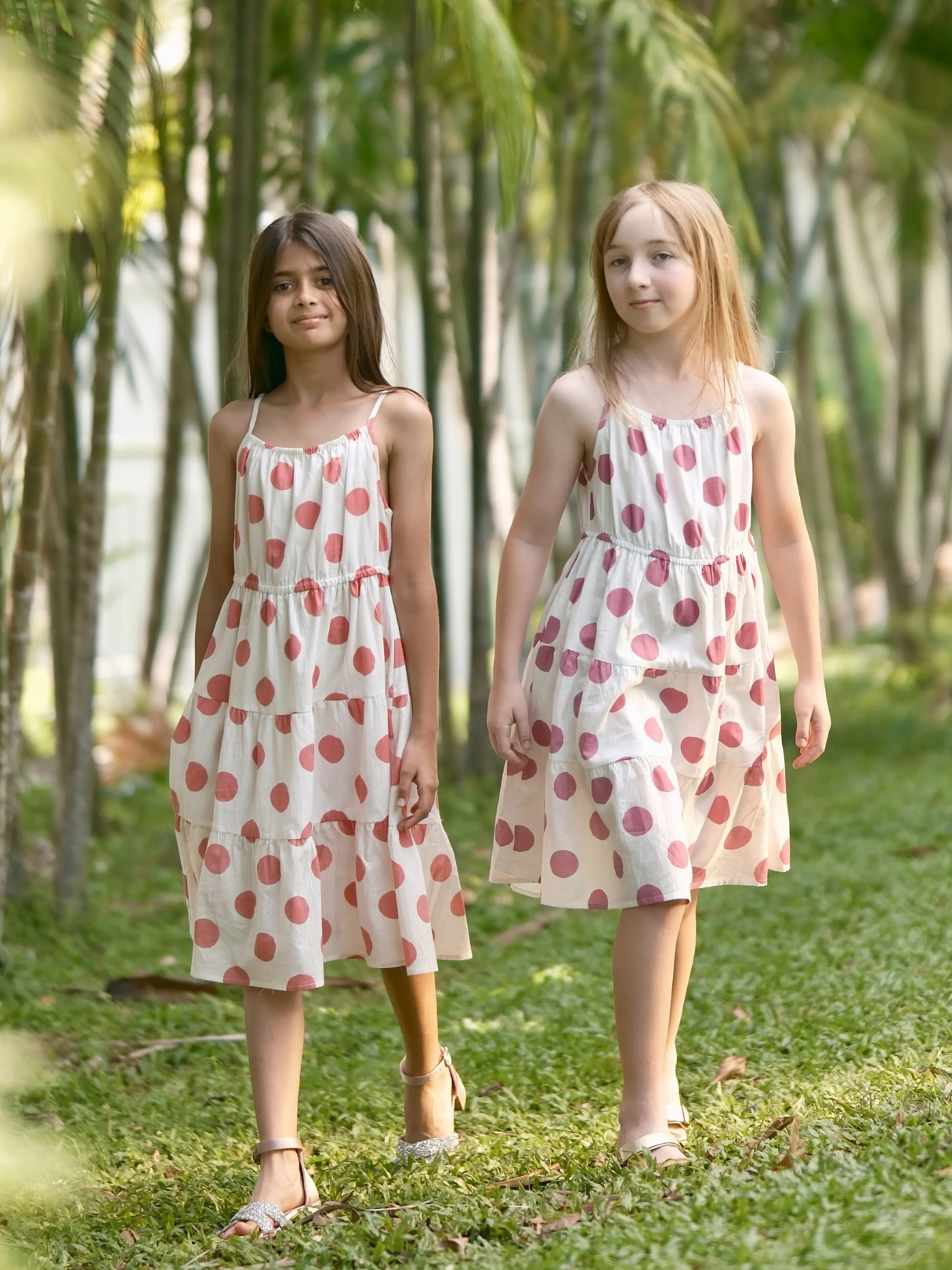 NIMBU | Sasha Coral Polka Girls Long Dress in Cotton