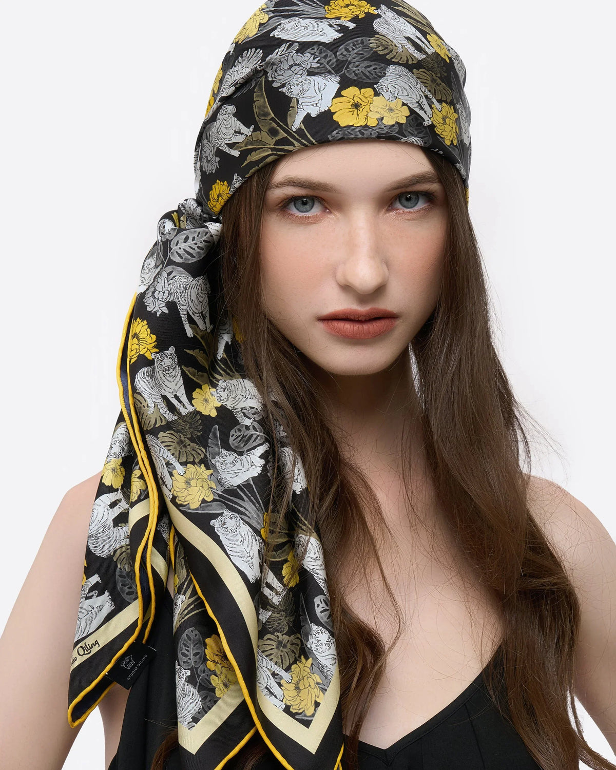 STUDIO QILING | Tiger Navy Night Double Side Silk Scarf 100