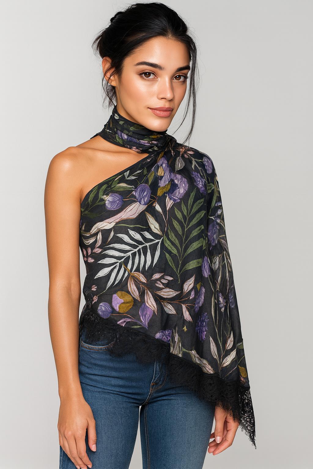 QUEENMARK | AN Printed Shawl 2024 Assorted Black Leaf