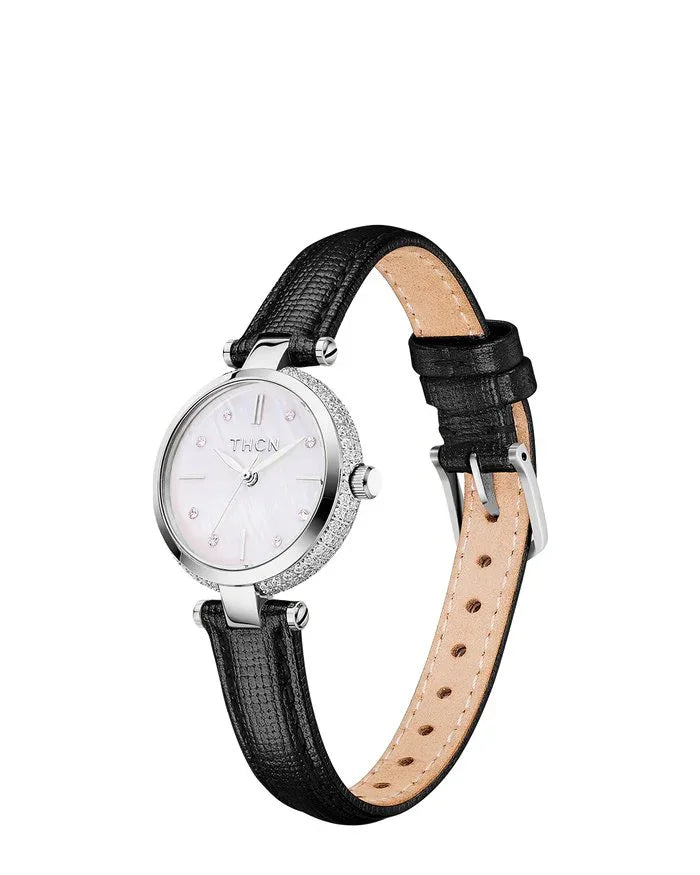 BLACK BY BLUE BRAVE | THCN T· I Mother-of-Pearl Dial Black Leather Strap Watch | Silver