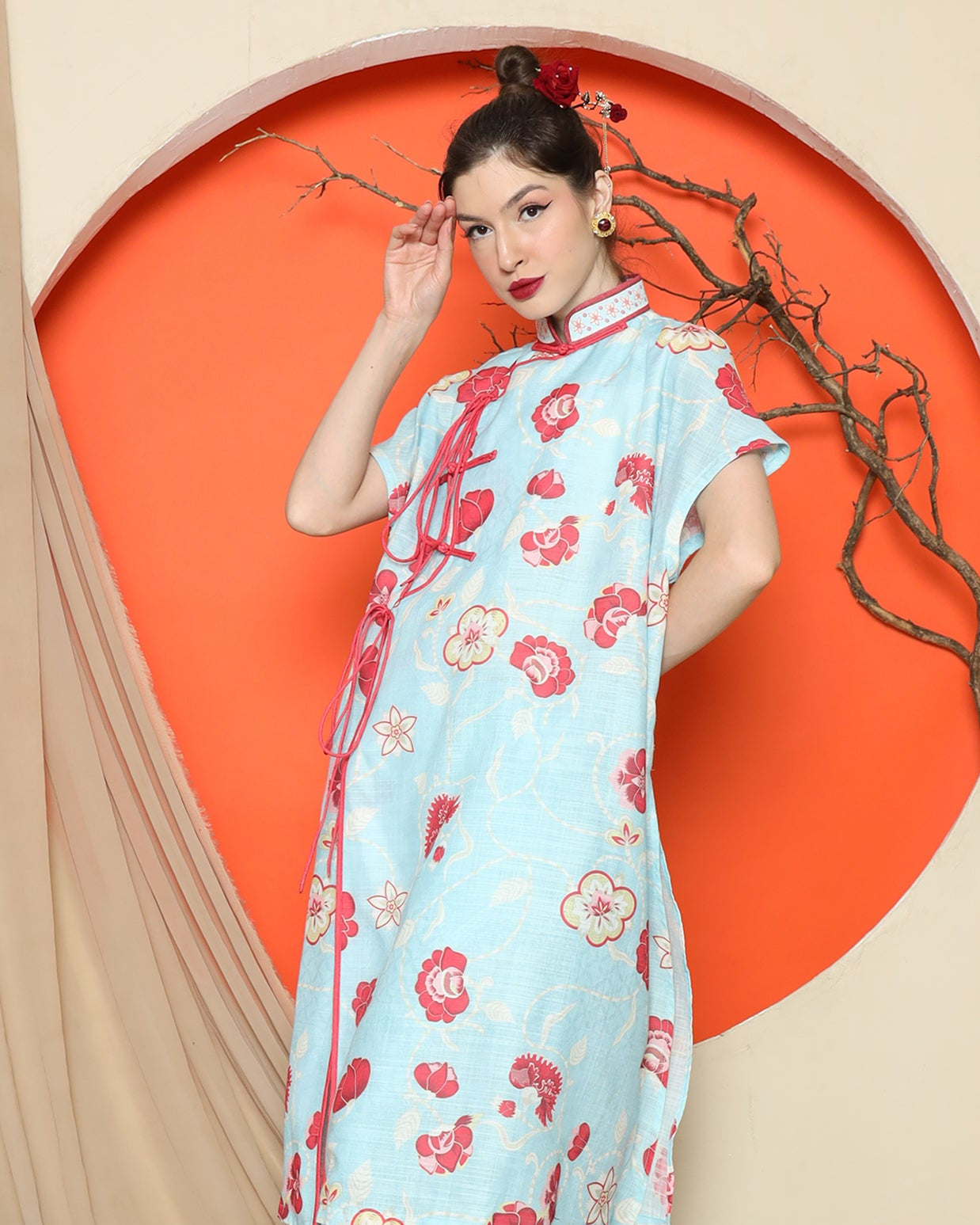 KANZI COLLECTION | Blue Oriental Floral Cheongsam Pant Set