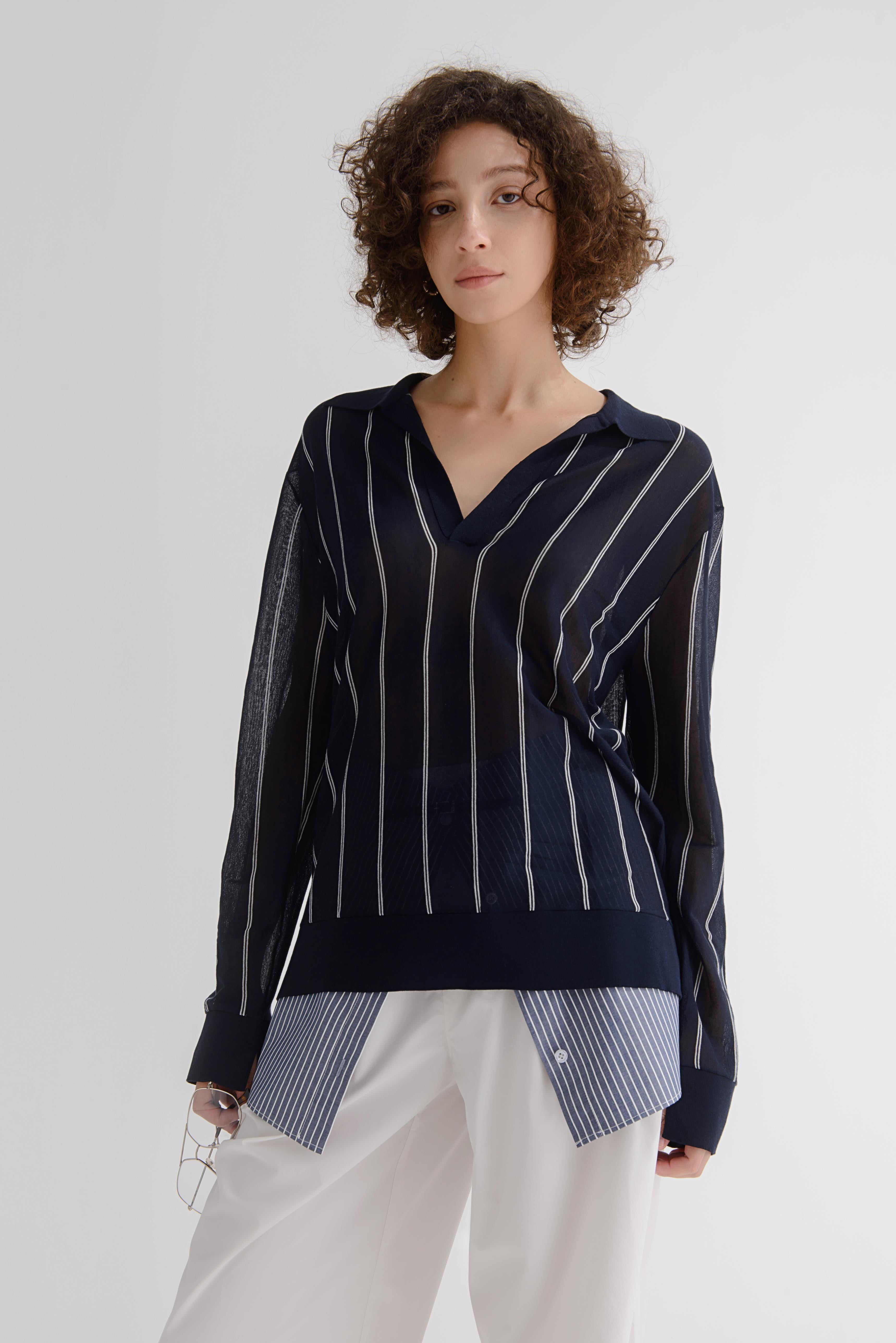 LAYERPLAN | Aziel Light Weight Wool Striped Polo Top